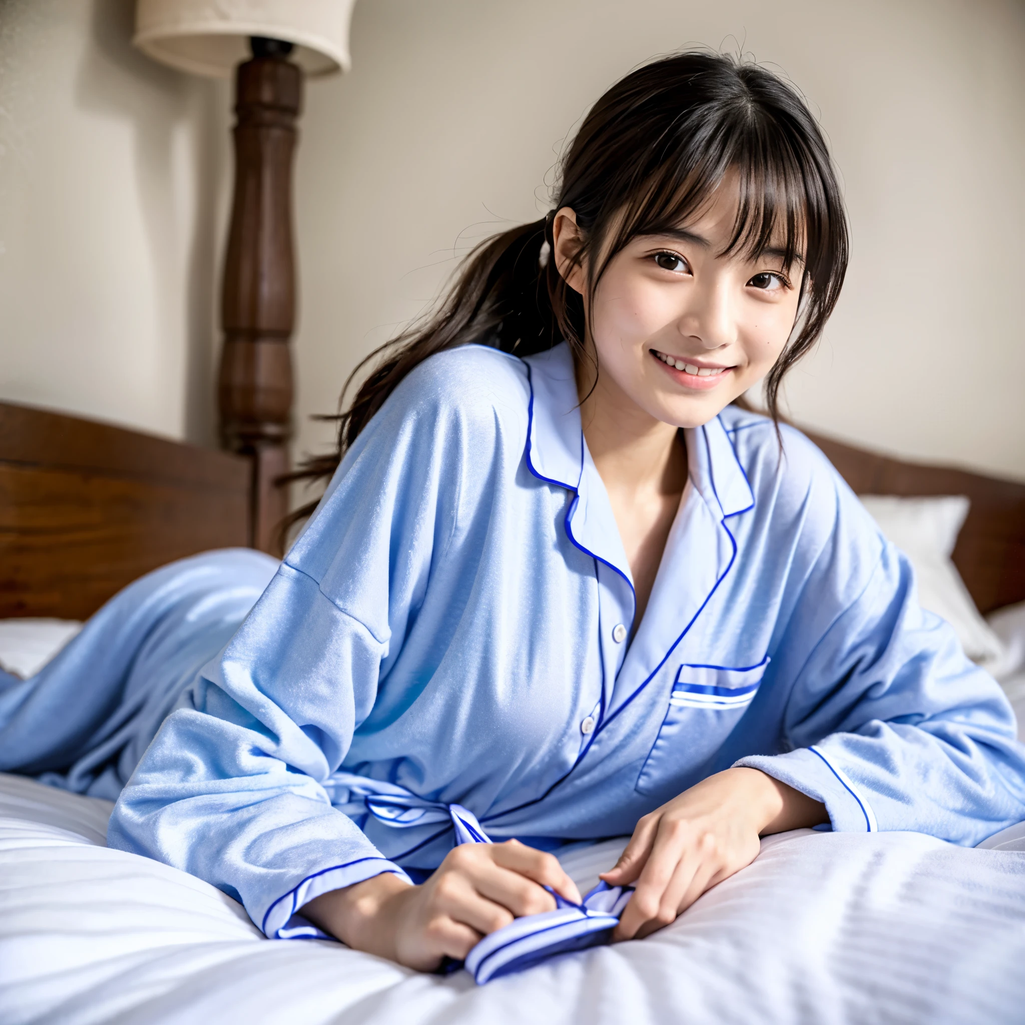 A Japanese girl with a cute face like an 18-year-old idol Smiling Kindly pajamas Full body portrait Lying in bed pajamas中の胸の谷間からミニチュアダックスフンドが顔を出している RAW Photos Genuine Indistinguishable from live-action Raw photo