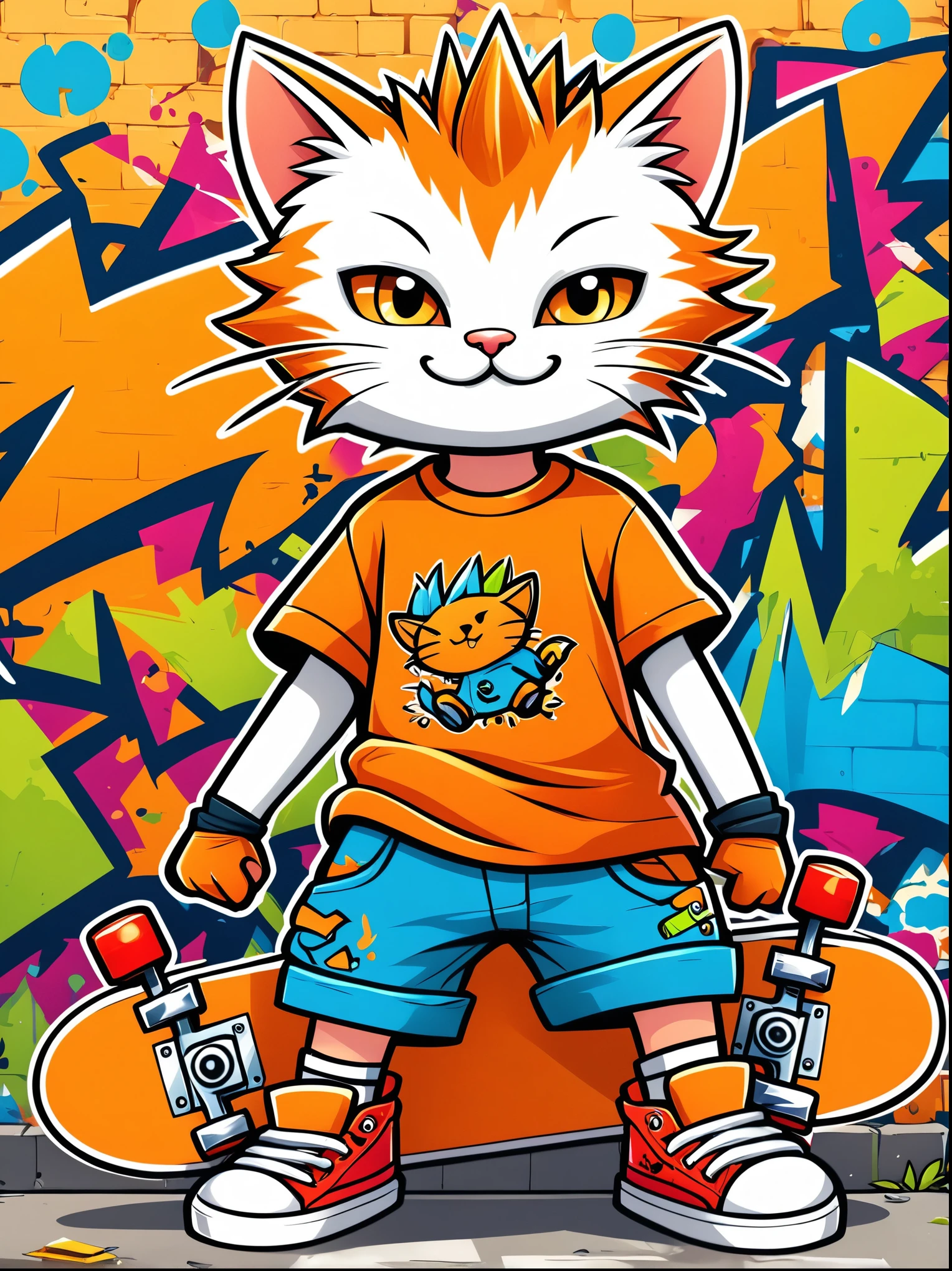 A cartoon doodle anthropomorphic animal，Vector illustration，A cute kitten，With spiky, brightly colored hair，Unique and wild style，Wearing orange T-shirt，Blue shorts and red shoes, Often with a mischievous smile，And stir up trouble in the nameless town, Known for his skateboarding skills and nonchalant attitude, Standing in front of a graffiti style background，Adds whimsy to the scene