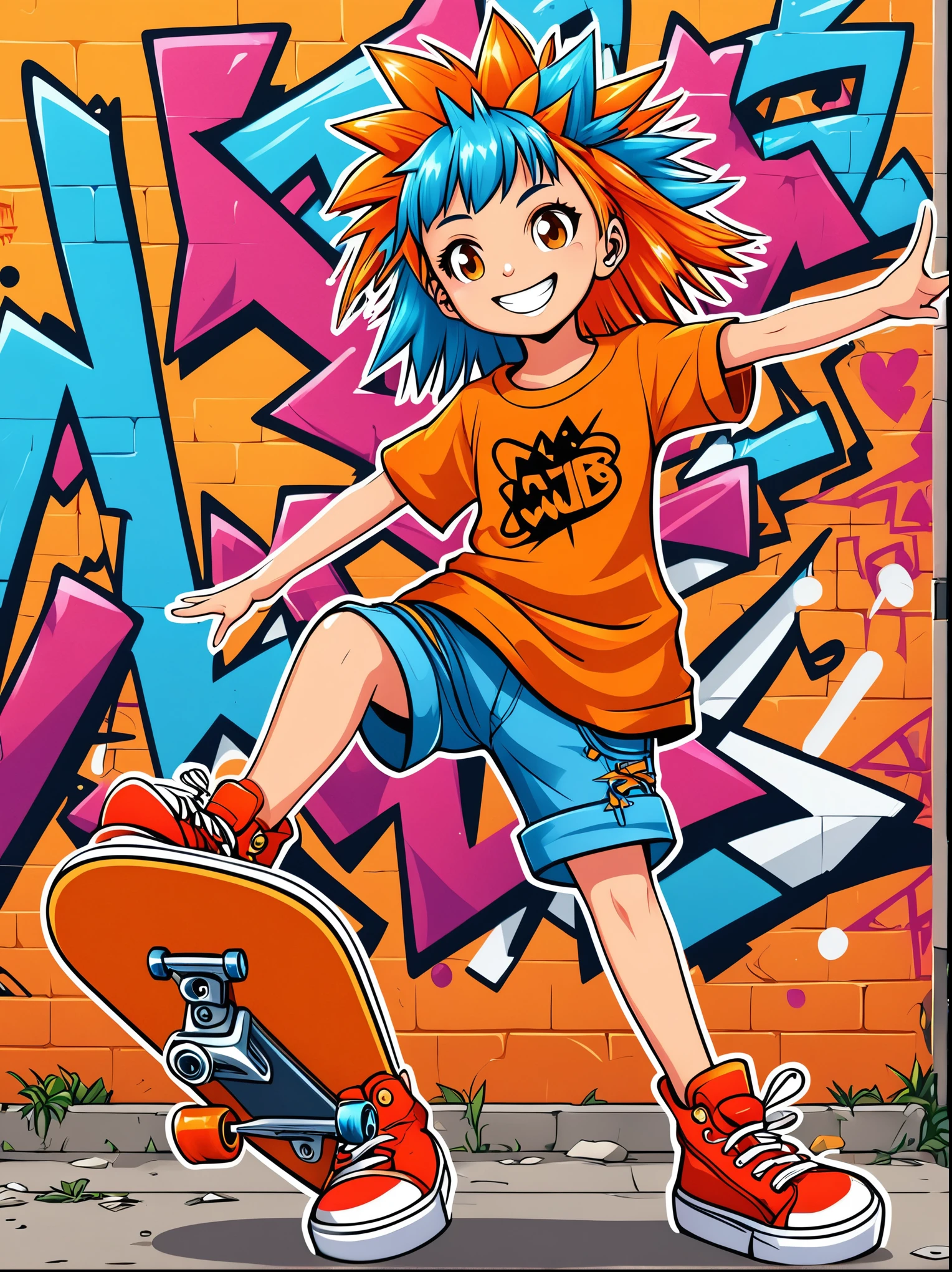 A cartoon doodle character,Vector illustration,A sweet and lovely girl,With spiky, brightly colored hair,Unique and wild style,Wearing orange T-shirt,Blue shorts and red shoes, She often has a mischievous smile,And stir up trouble in the nameless town, She was known for her skateboarding skills and nonchalant attitude, Standing in front of a graffiti style background,Adds whimsy to the scene
