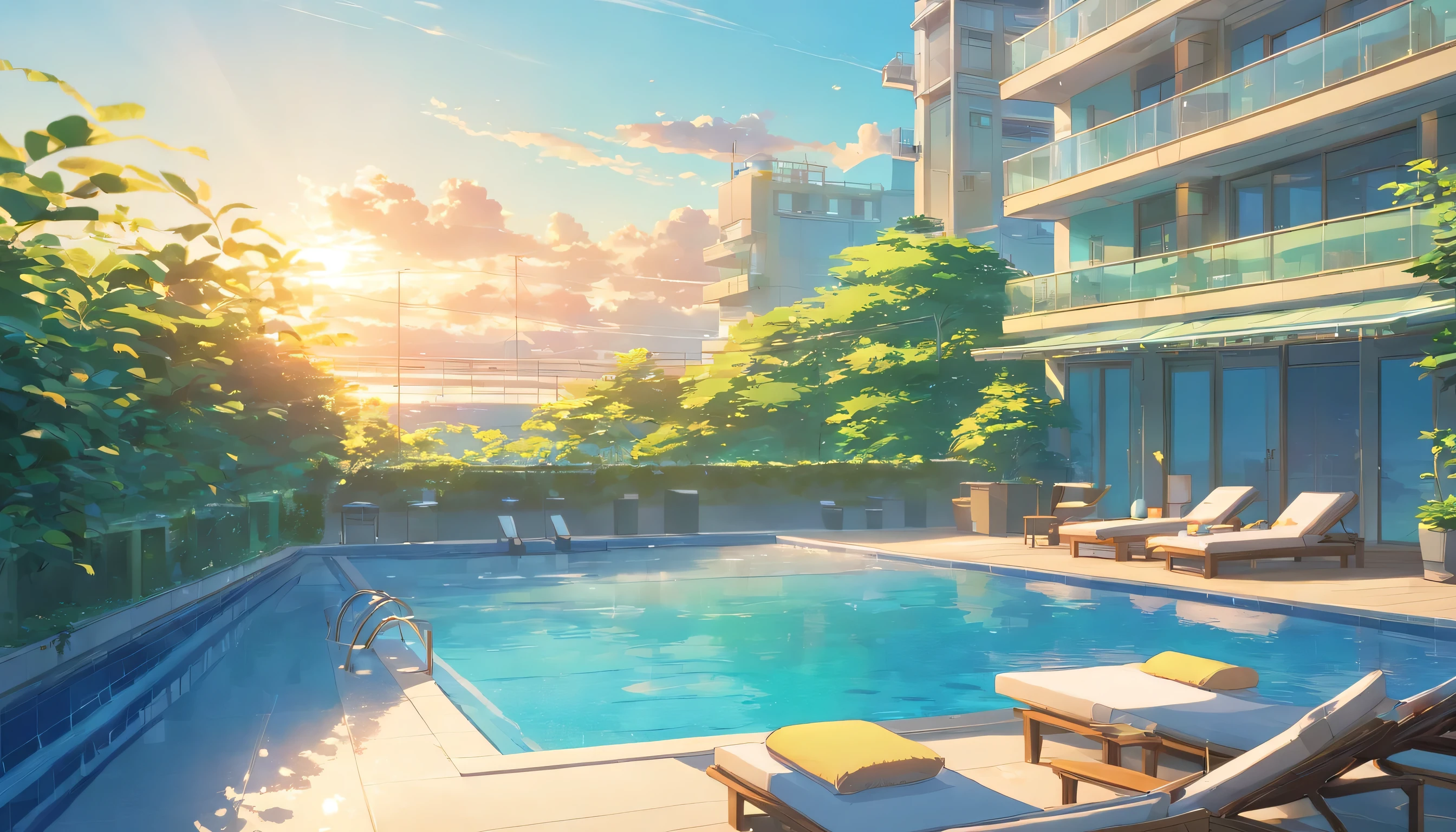 "Create a photo of a condominium with a pool on a beautiful afternoon. The scene should include a clear blue sky with some fluffy white clouds, lush green landscaping around the pool area, psoosas lying on lounge chairs neatly arranged around the pool. The Buildings in the background should be modern and well-kept, with balconies with plants and outdoor furniture. The pool water should be clear and inviting, reflecting sunlight onto the sun loungers.