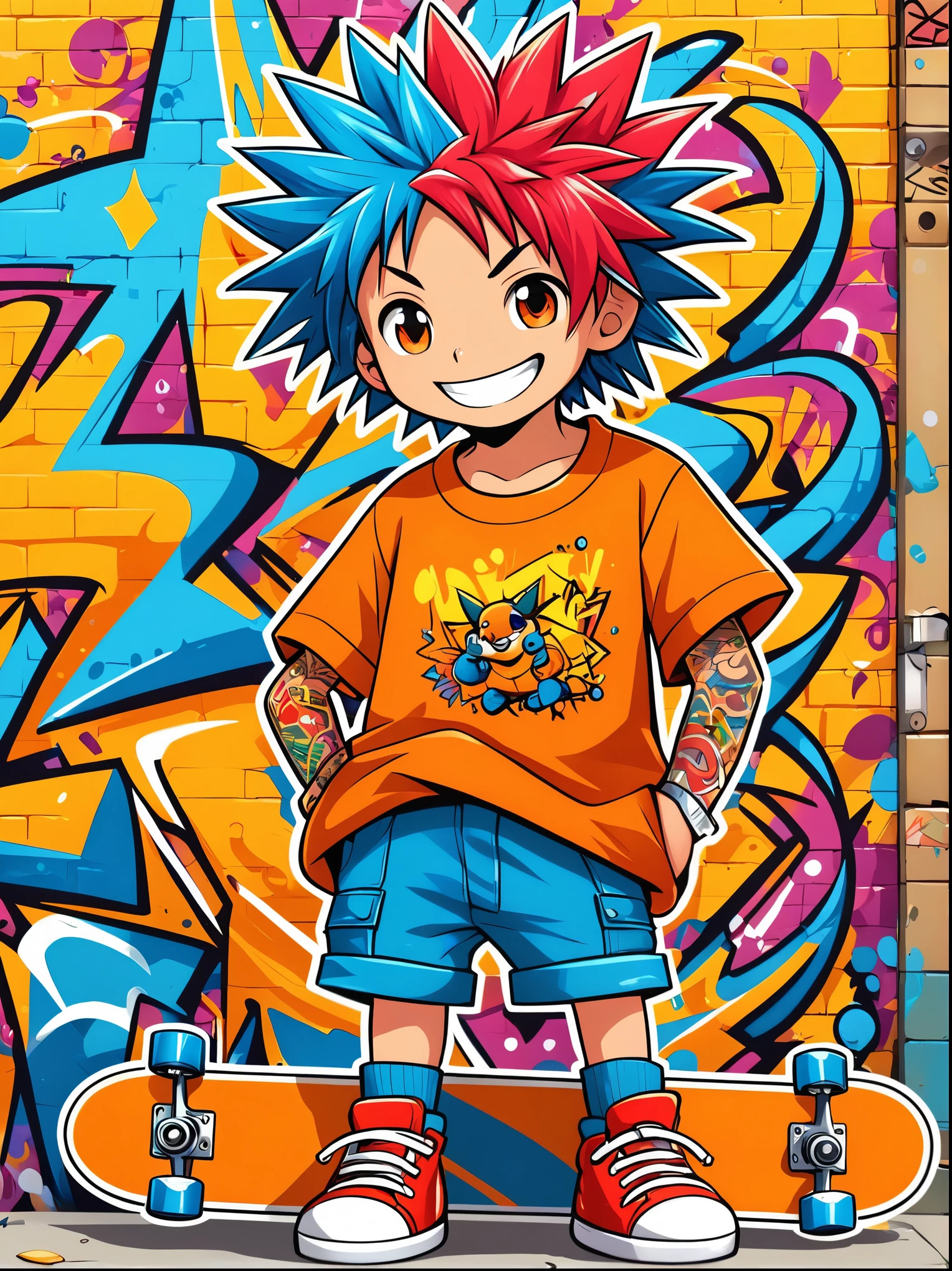 A cartoon doodle character，Vector illustratioughty **********，With spiky, brightly colored hair，Unique and wild style，It's easy to identify，Wearing orange T-shirt、Blue shorts and red shoes, He often has a mischievous smile，and stir up trouble in his nameless town, He was known for his skateboarding skills and nonchalant attitude., Standing in front of a graffiti style background，Adds whimsy to the scene。