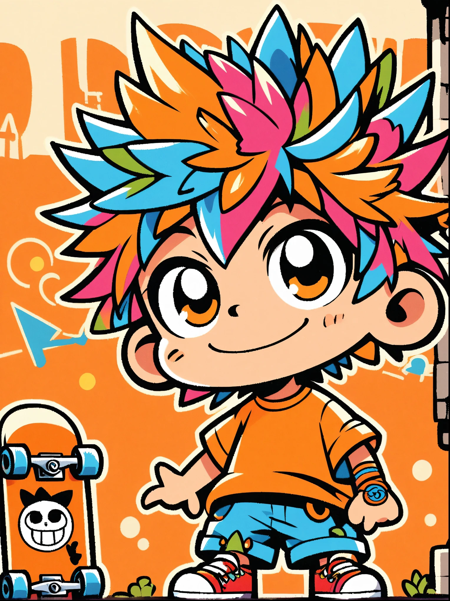 A cartoon doodle character，Vector illustratioughty **********，With spiky, brightly colored hair，Unique and wild style，It's easy to identify，Wearing orange T-shirt、Blue shorts and red shoes, He often has a mischievous smile，and stir up trouble in his nameless town, He was known for his skateboarding skills and nonchalant attitude., Standing in front of a graffiti style background，Adds whimsy to the scene。