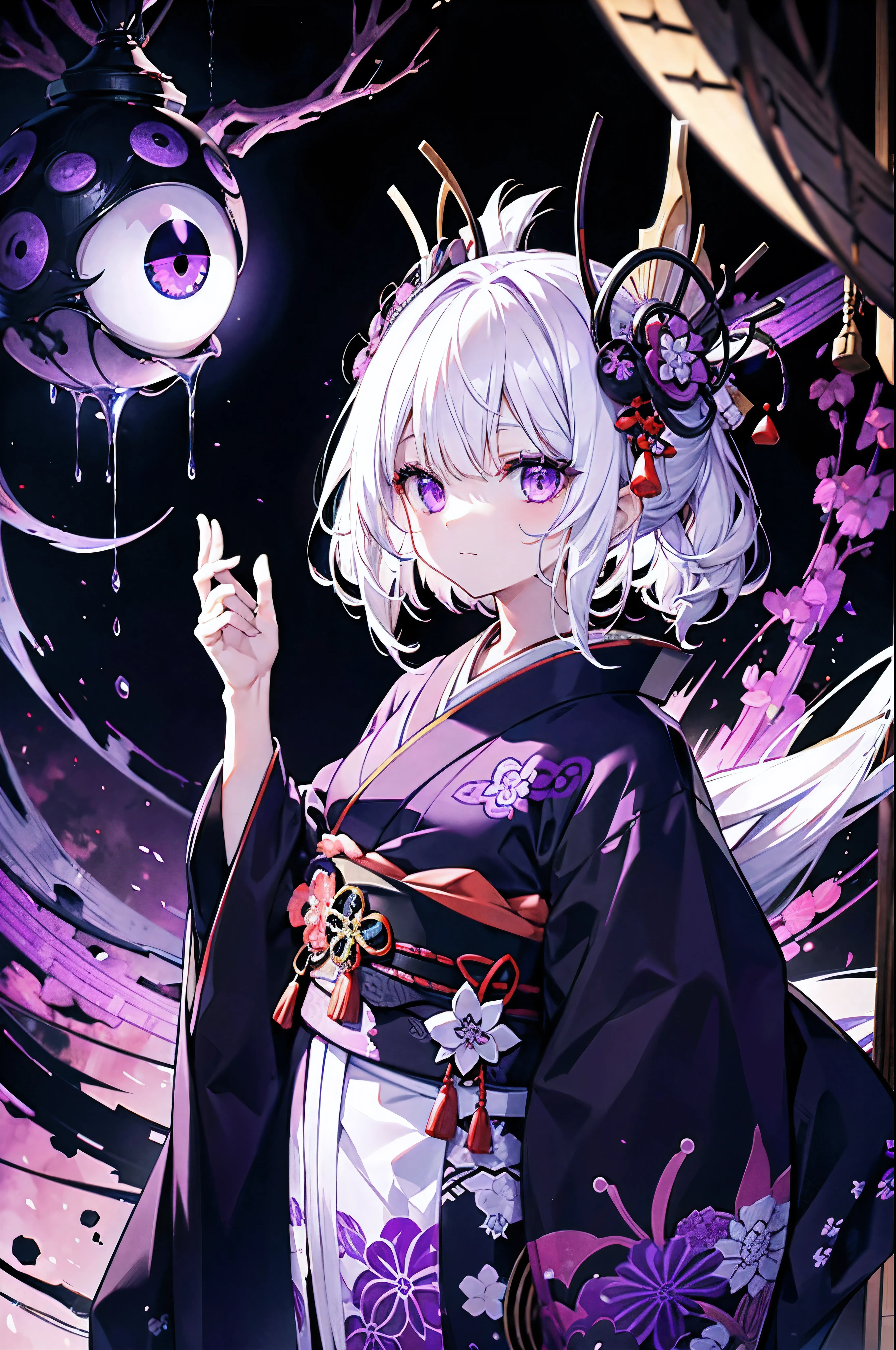 It is a monster with many eyes all over its body. It has white hair and wears a kimono. The color of the kimono is purple and black, and all of its eyes are glowing.