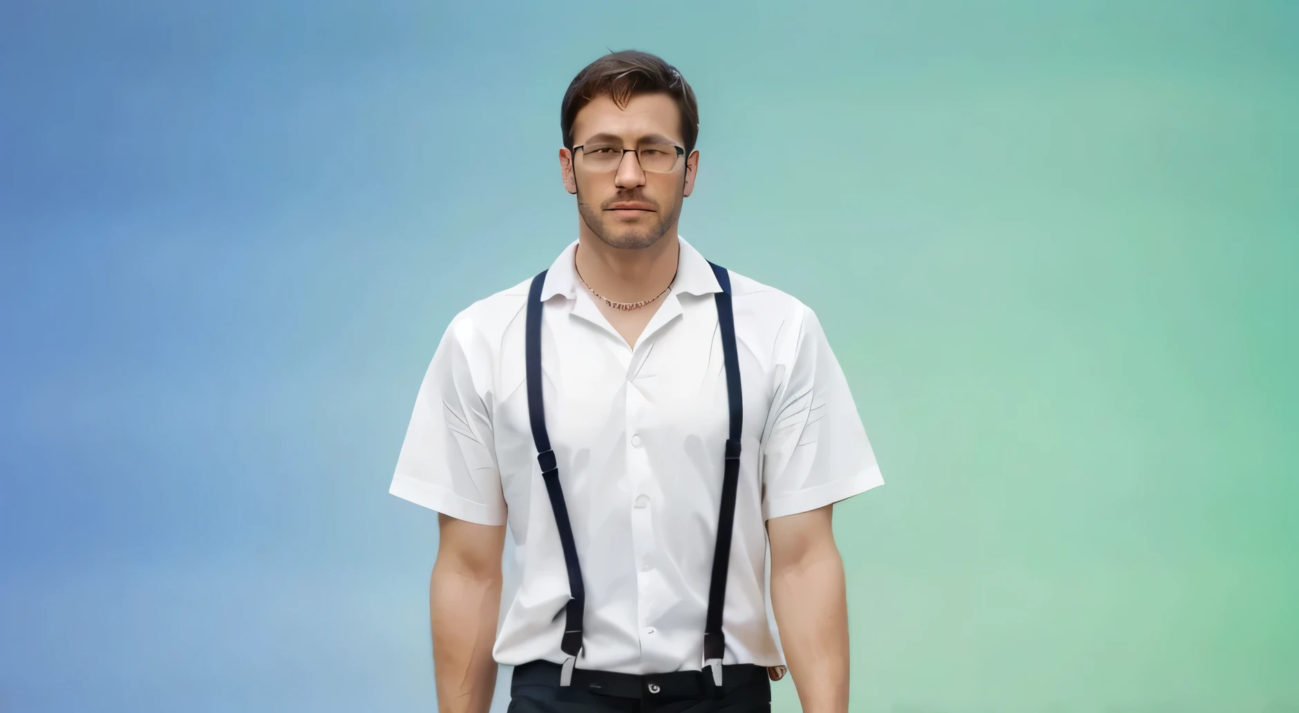 British man, wearing nerd glasses, passeando por um parque arborizado, shiny silver necklace featured on the neck, musculoso, pele lisa, light skinned british appearance, sedutor, olhos atraentes. Aparencia do Tom Hopper, cabelos e barba pretos e brilhantes.