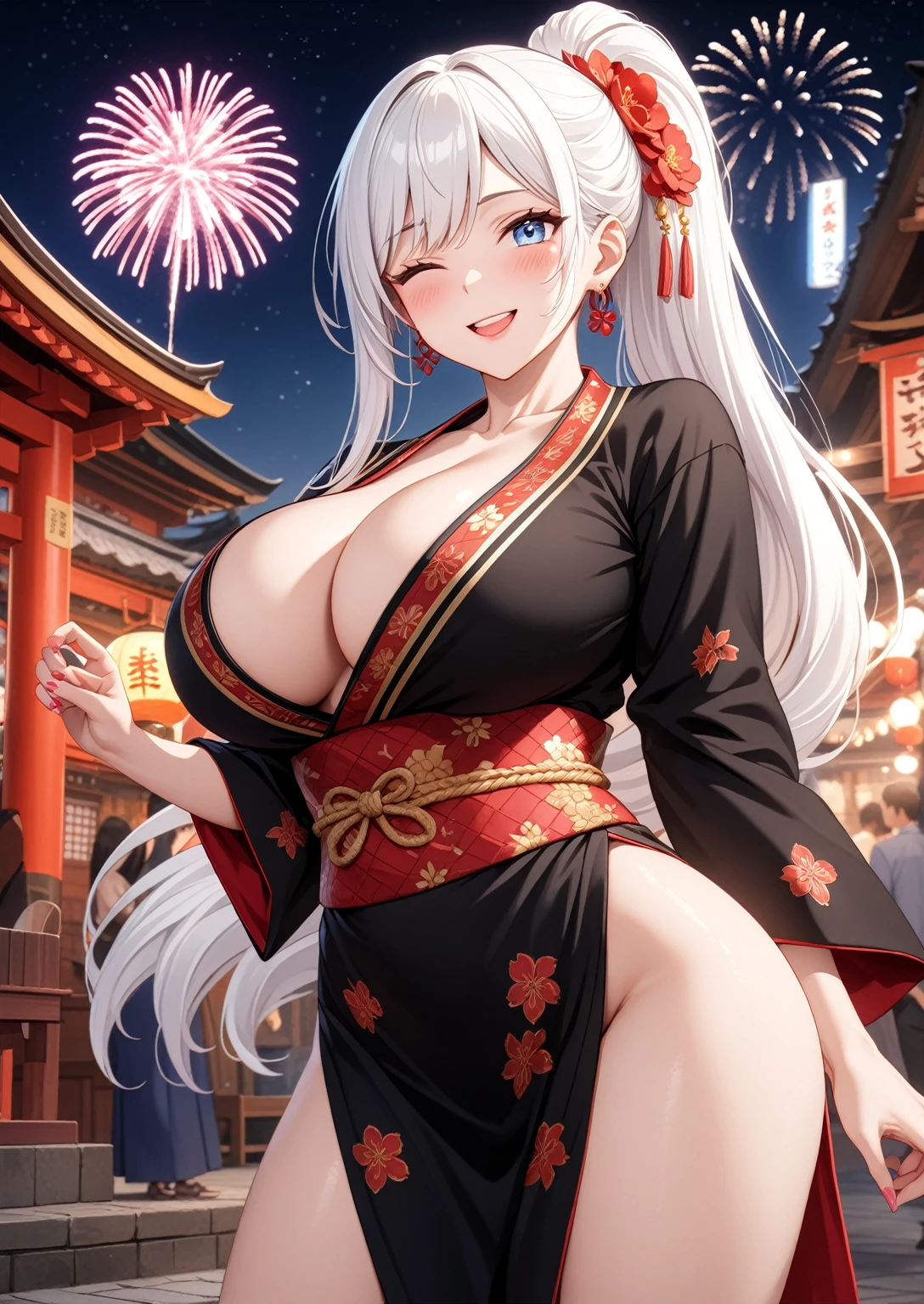 ((one personの女性)), Beautiful Face,Embarrassed and kind expression,Laugh embarrassedly,((Wink:2.0)),turn bright red,Glossy pink lips,night,Shrine festival sexpensives,firework, ((Anime style background)),masterpiece, highest quality, so beautiful, Latest, Complex details, (Pink long nails),AI-generated, Complex,High resolution, highest quality, super high quality,3D Images、View your viewers、3D Images,one person,Long white hair,High Ponytail,blue eyes,Anime woman posing for a photo, [[Fine grain、Colorful eyes、Shining Eyes:1.15]],(Squint your eyes:1.1),a hyperRealistic , hyperRealistic , Realistic,Long haired white hair anime woman, Smooth anime CG art, A woman in a colorful kimono with gold embroidery, (Black kimono),Red floral pattern,Long flower hair ornament,Big earrings,(Big Breasts:1.4),Mature Body,expensive,Big Ass,Fine details,Tight waist,Abdominal muscles,Shooting from below