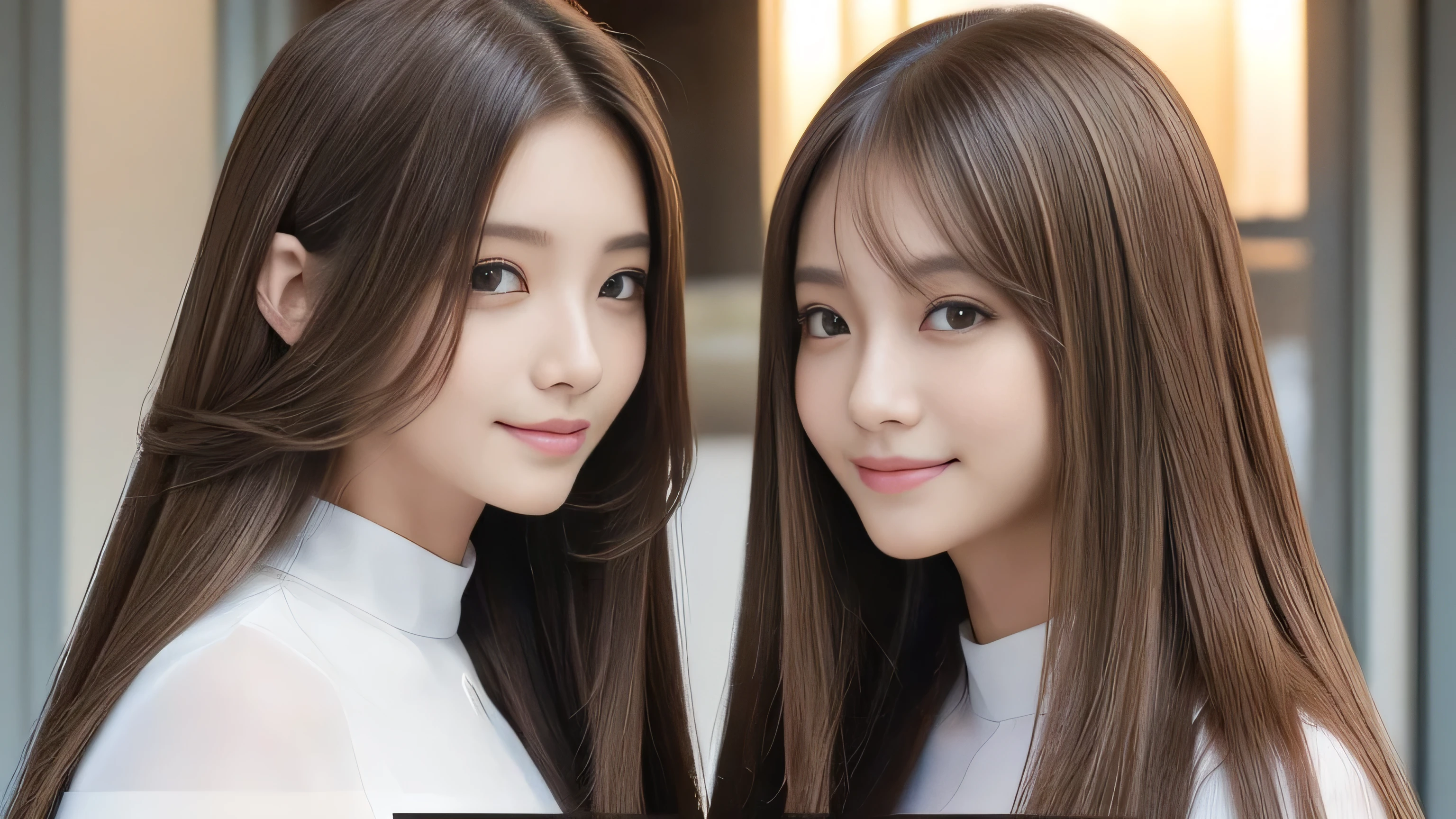 (((Identical twins standing happily facing each other　A photo of them standing from the front)))　(two women with length brown hair posing for a picture, thin and shiny hair, Ulzzang, long and straight hair of brown color,, Brown long hair, beautifulgemini portrait, Brown long hair, beautifulgemini, length Hair, Smooth Hair, Flowing brown hair, With the same hairstyle, length, Flat Hair, length brown hair, Attractive long hair, Beautiful brown hair　Two women with long brown hair posing for a photograph, Digital Art inspired by Wang Duo, tumbler, Digital Art, thin and shiny hair, Ulzzang, long and straight hair of brown color,, Brown long hair, beautifulgemini portrait, Brown long hair, beautifulgemini, length Hair, Smooth Hair, Flowing brown hair, With the same hairstyle, length, Flat Hair)　((both sides Random poses showing as much back and hair as possible:1.8))　((Both sides Beautiful 24 year old hair model with long black hair, girl with super Very long hair that reaches down to the ankles, extremely Very long hair that reaches down to the ankles, Very long hair that reaches down to the ankles,Very long hair that reaches down to the ankles , Flowing hair, very Very long hair that reaches down to the ankles, Very long hair that reaches down to the anklesgirl,Very long hair that reaches down to the ankles , flowing light brown hair, length Hair windy, Very long light brown hair, flowing light brown hair,Incredibly straight long-lasting hair, Abnormally long髪!!!!　Her highest quality!!!! hair is long and straight., very long light brown hair that reaches down to the ankles, highest quality light brown hair , , Highest quality long straightなVery long hair that reaches down to the ankles　straight, beautiful, High quality hair, Very long hair that reaches down to the ankles and highest quality straight light brown hair, straight, highest quality light brown hair, Perfect silky straight hair of the highest quality, straight, highest quality light brown hair , lengthLight brown hair straight hair, length, Thick and voluminous light brown hair　Her hair is long and straight, Very long light brown hair, Abnormally long、or very long light brown hair, very long, straight, Light brown hair that reaches down to her ankles, Abnormally very long straight, beautiful hair of the highest quality, length Hair, length, straight light brown hair ,Extraordinarily very long light brown hair that lasts forever and free straight light brown hair , straight light brown hair))　(Both sides bangs are perfect.:1.3)　(Japan&#39;s most sexy and beautiful 24-year-old beauty model)　(Both sides They look at the viewer with a very captivating expression...)　((highest quality)), ((masterpiece)), (Familiar)　(Get used to it)　Perfect Face　(both sidesHer skin is a typical Japanese skin color.　And very detailed)　(both sides:1.3)　(both sides　She is wearing a beautiful shiny white camisole.)　(both sides　She has a beautiful face and a typical Japanese figure...., Narrow eyes)　(both sides　She has perfect beautiful and sexy makeup and face　Lipstick is light red　A solid eyeliner)　((Rich 1.4))　(Very detailed)