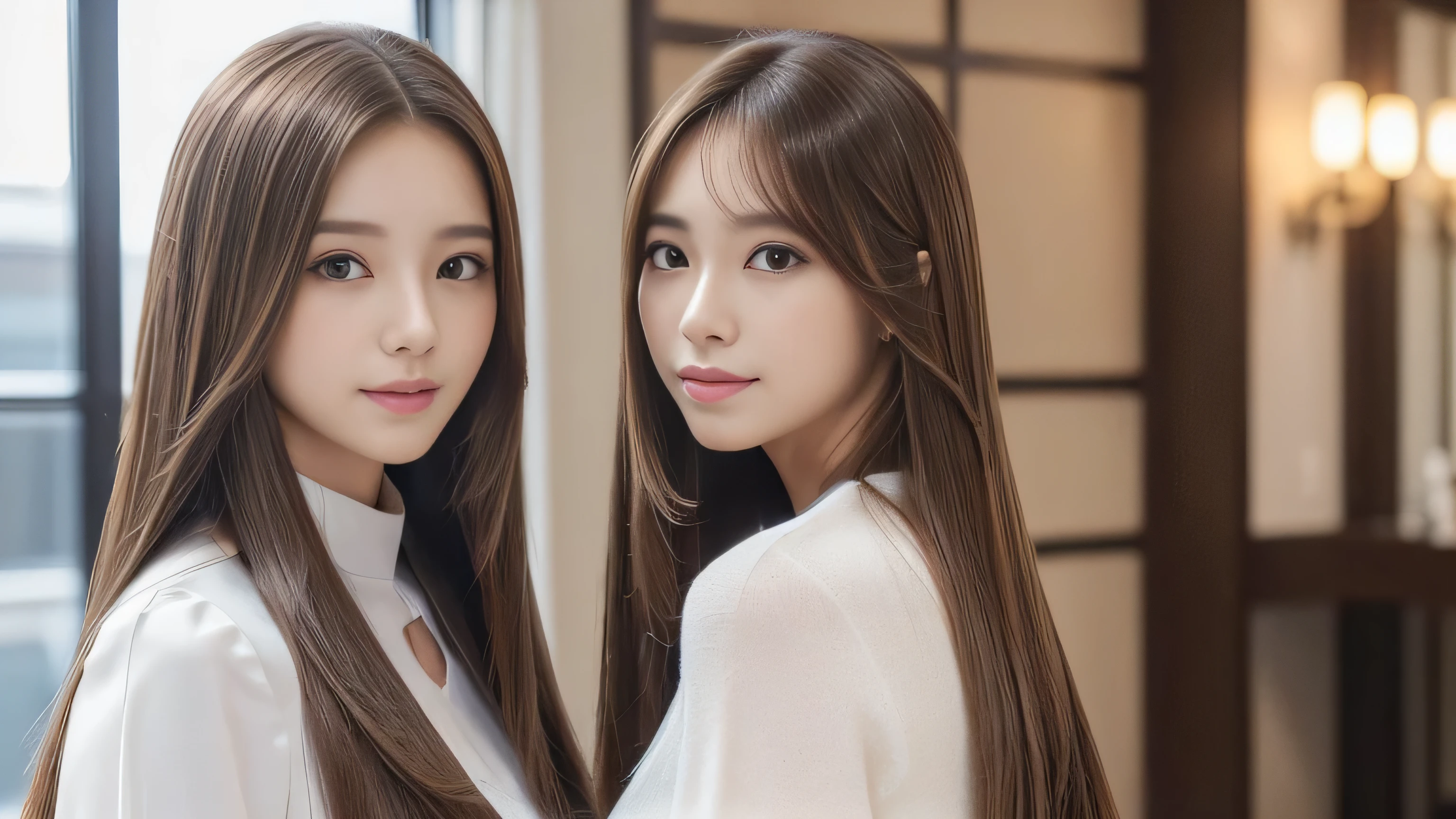 (((Identical twins standing happily facing each other　A photo of them standing from the front)))　(two women with length brown hair posing for a picture, thin and shiny hair, Ulzzang, long and straight hair of brown color,, Brown long hair, beautifulgemini portrait, Brown long hair, beautifulgemini, length Hair, Smooth Hair, Flowing brown hair, With the same hairstyle, length, Flat Hair, length brown hair, Attractive long hair, Beautiful brown hair　Two women with long brown hair posing for a photograph, Digital Art inspired by Wang Duo, tumbler, Digital Art, thin and shiny hair, Ulzzang, long and straight hair of brown color,, Brown long hair, beautifulgemini portrait, Brown long hair, beautifulgemini, length Hair, Smooth Hair, Flowing brown hair, With the same hairstyle, length, Flat Hair)　((both sides Random poses showing as much back and hair as possible:1.8))　((Both sides Beautiful 24 year old hair model with long black hair, girl with super Very long hair that reaches down to the ankles, extremely Very long hair that reaches down to the ankles, Very long hair that reaches down to the ankles,Very long hair that reaches down to the ankles , Flowing hair, very Very long hair that reaches down to the ankles, Very long hair that reaches down to the anklesgirl,Very long hair that reaches down to the ankles , flowing light brown hair, length Hair windy, Very long light brown hair, flowing light brown hair,Incredibly straight long-lasting hair, Abnormally long髪!!!!　Her highest quality!!!! hair is long and straight., very long light brown hair that reaches down to the ankles, highest quality light brown hair , , Highest quality long straightなVery long hair that reaches down to the ankles　straight, beautiful, High quality hair, Very long hair that reaches down to the ankles and highest quality straight light brown hair, straight, highest quality light brown hair, Perfect silky straight hair of the highest quality, straight, highest quality light brown hair , lengthLight brown hair straight hair, length, Thick and voluminous light brown hair　Her hair is long and straight, Very long light brown hair, Abnormally long、or very long light brown hair, very long, straight, Light brown hair that reaches down to her ankles, Abnormally very long straight, beautiful hair of the highest quality, length Hair, length, straight light brown hair ,Extraordinarily very long light brown hair that lasts forever and free straight light brown hair , straight light brown hair))　(Both sides bangs are perfect.:1.3)　(Japan&#39;s most sexy and beautiful 24-year-old beauty model)　(Both sides They look at the viewer with a very captivating expression...)　((highest quality)), ((masterpiece)), (Familiar)　(Get used to it)　Perfect Face　(both sidesHer skin is a typical Japanese skin color.　And very detailed)　(both sides:1.3)　(both sides　She is wearing a beautiful shiny white camisole.)　(both sides　She has a beautiful face and a typical Japanese figure...., Narrow eyes)　(both sides　She has perfect beautiful and sexy makeup and face　Lipstick is light red　A solid eyeliner)　((Rich 1.4))　(Very detailed)