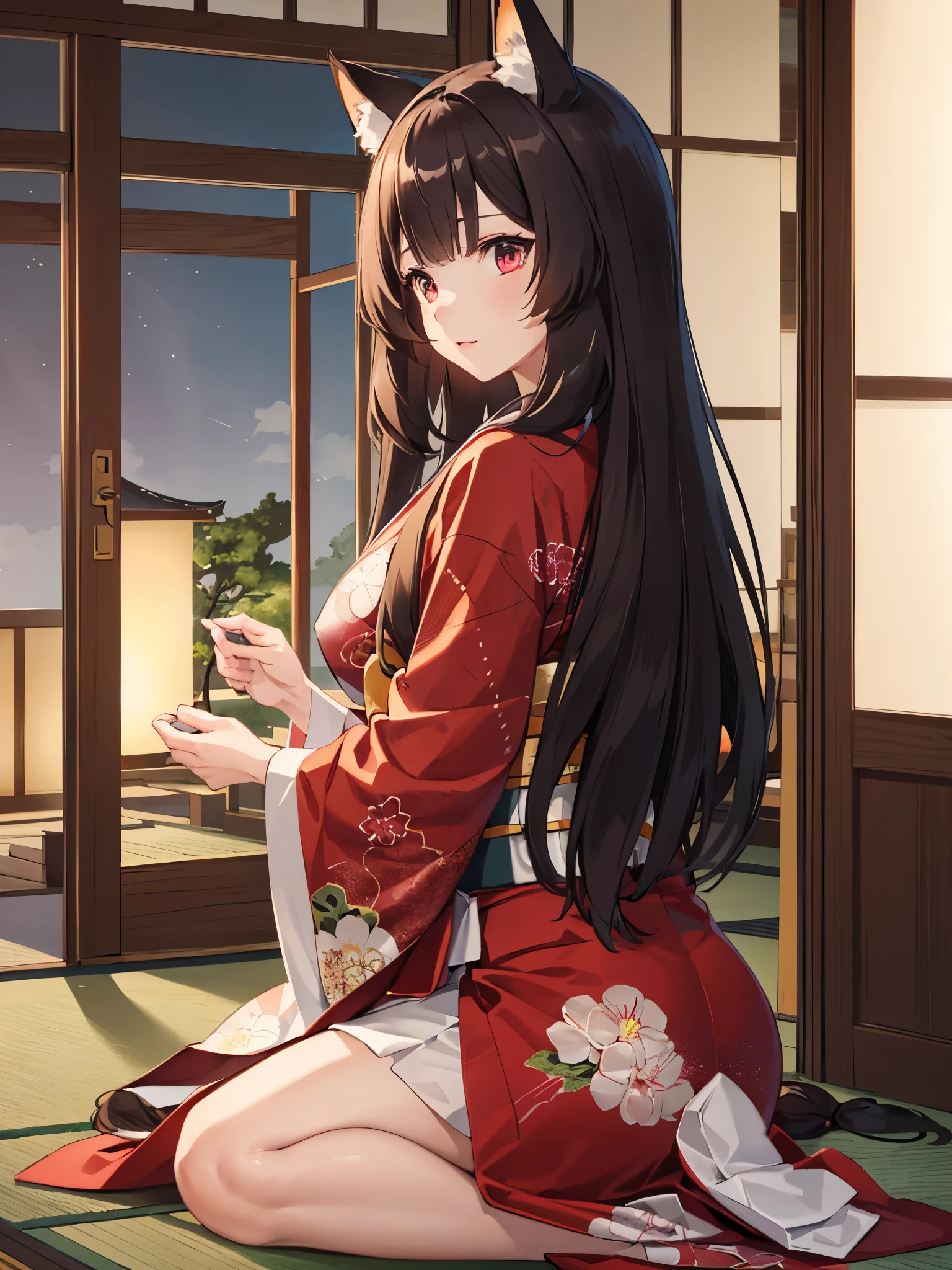 (Best quality), (extremely detailed CG Unity 8k wallpaper), (very detailed), ((absurdity)), Detailed beautiful eyes,
Raphtalia, Red eyes, black hair, fox tail, fox ears, 1 girl, Wearing kimono, red kimono, big breast,Sit facing right,camera angle from the side, photo from the side, looking away, at night, Japanese house