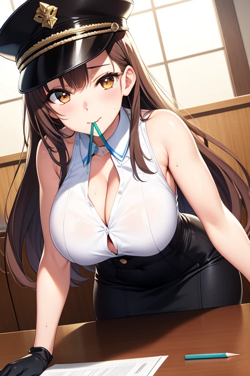 White shirt,Sleeveless shirt, Collared shirt,
Exposing shoulders, clavicle, chestの谷間,
blackのネクタイ, black_gloves, Pencil Skirt,
I will lie down,black peaked cap, hat with gold chain,Single Blade, brown eye,bangs,
1 girl, 20 years,young woman,beautiful long legs,beautiful body,
beautiful Nose,beautiful character design, perfect eye, perfect face,expressive eye,Perfect balance,
View Viewer,(Focus on her face),Mouth closed, (Innocent_big_eye:1.0),(Light_笑face:0.3),
Official Art,Highly detailed CG Unity 8k wallpaper, Perfect lighting,colorful, bright_front_face_Lighting,White skin,
(masterpiece:1.0),(Highest_quality:1.0), 超High resolution,4K,Super detailed,
photograph, 8k, High resolution, High resolution,プロのphotograph,
(beautiful,big_chest:1.4), (beautiful_face:1.5),(narrow_Waist),gyaru,Brown Skin,Armpit,Sweat,Plump