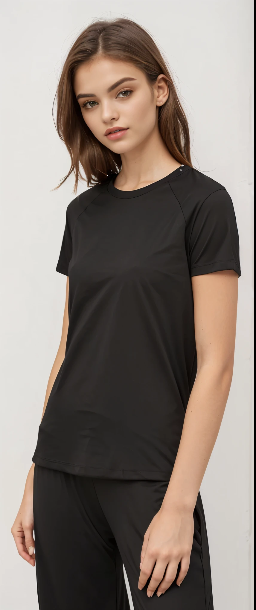 a woman in camisa preta and pants standing against a white wall, camiseta preta, vestindo camiseta preta, wearing a camiseta preta, camiseta preta, camiseta preta, vestindo uma camiseta preta, camisa preta, roupas esportivas, wearing a camisa preta, camisa de malha, camisa preta, blusa preta, roupas esportivas, camiseta esportiva, roupa preta