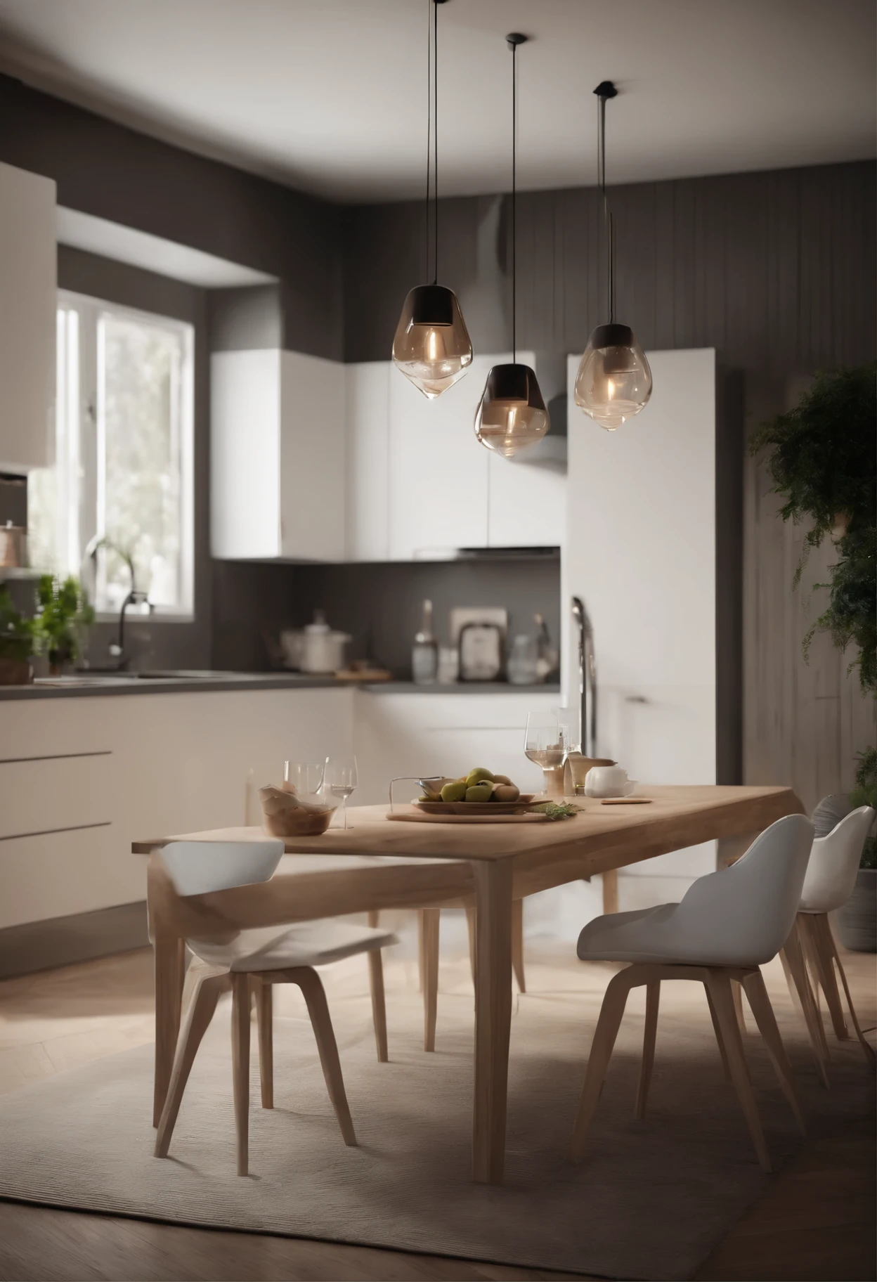 There is a kitchen with a table, cadeiras, stove, refrigerator and white furniture made rises measure in it, sophisticated and luxurious decoration ultra realistic and modern create 10 images