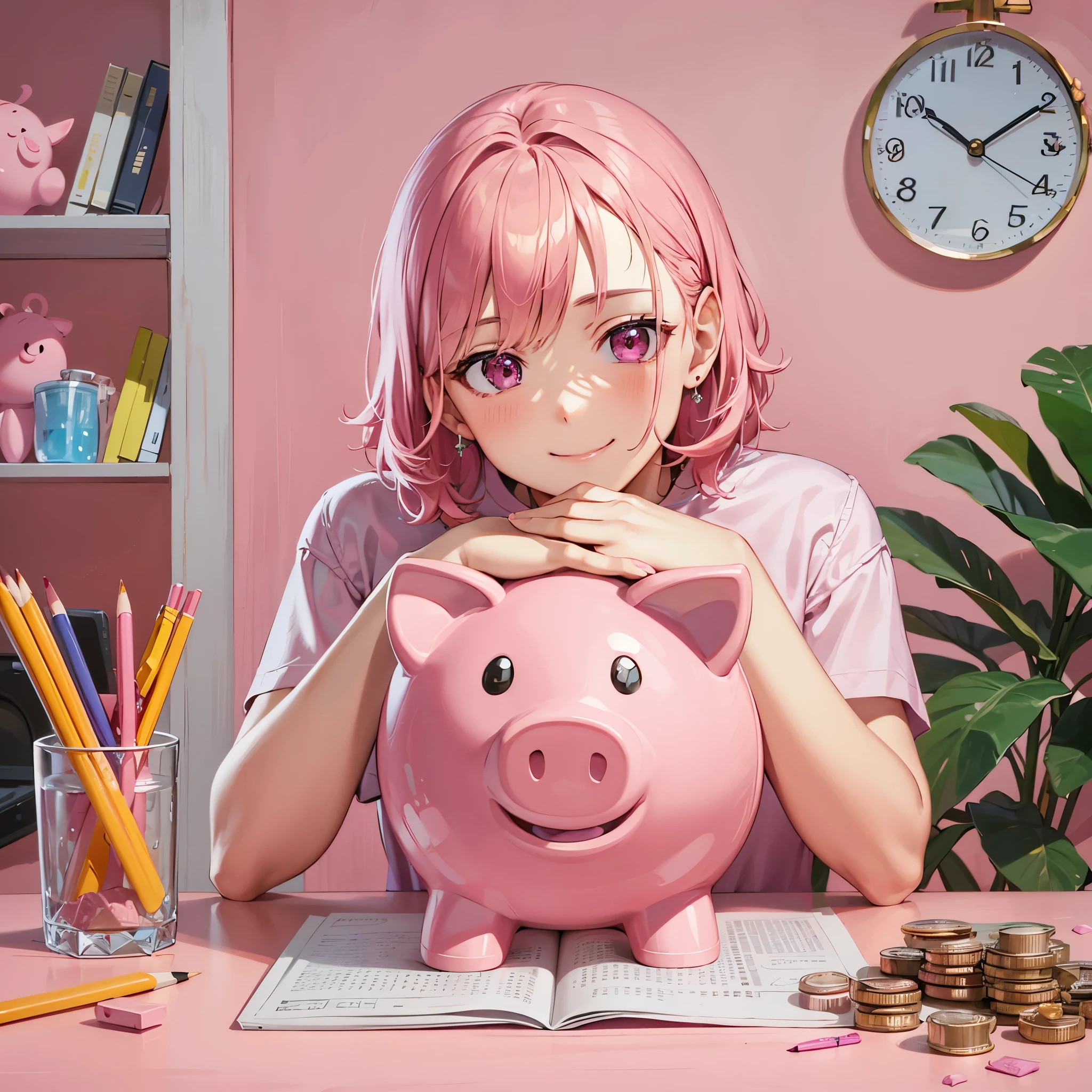 Pink background, top quality, masterpiece, 8K, pink piggy bank on pink table, young girl with hand on head of piggy bank, short pink hair, pink t-shirt, pink eyes, smiling face, pencil and notebook on table, 3 coins on table, oblique angle