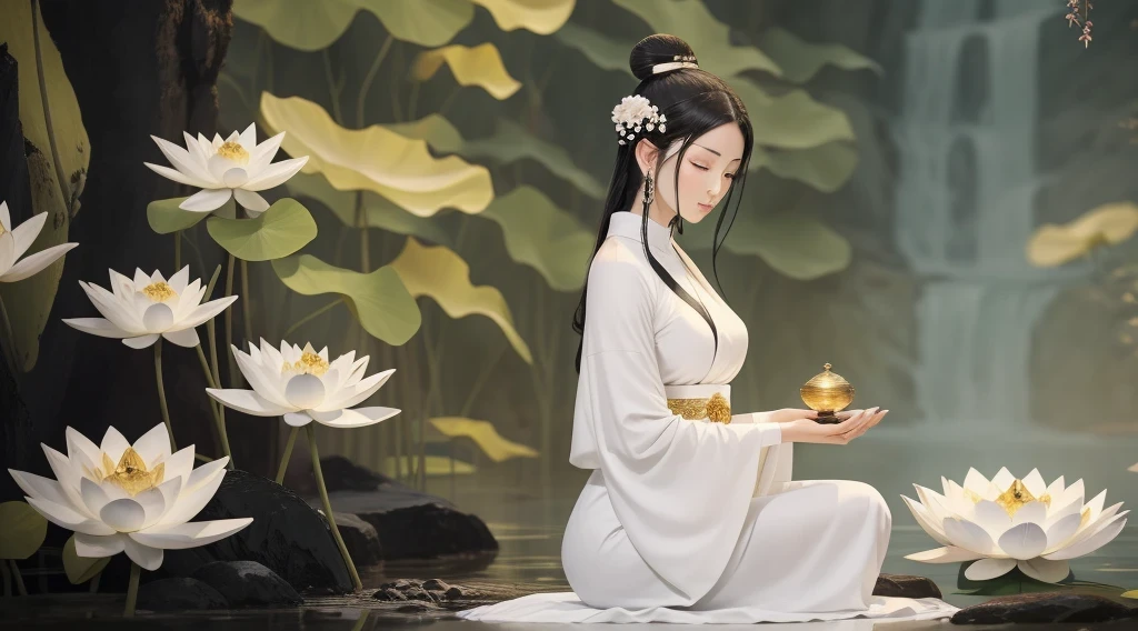 beauty，Black Hair，black eyes，White monk robe，front，symmetry，Hands together，Bodhisattva，Clean background，masterpiece, Guan yin, Flower Goddess, Sitting on the lotus, Chinese Goddess，Close your eyes，"A serene lady in a meditation pose, Radiates tranquility, Her body and facial features have intricate details, Against a calm and soothing background."