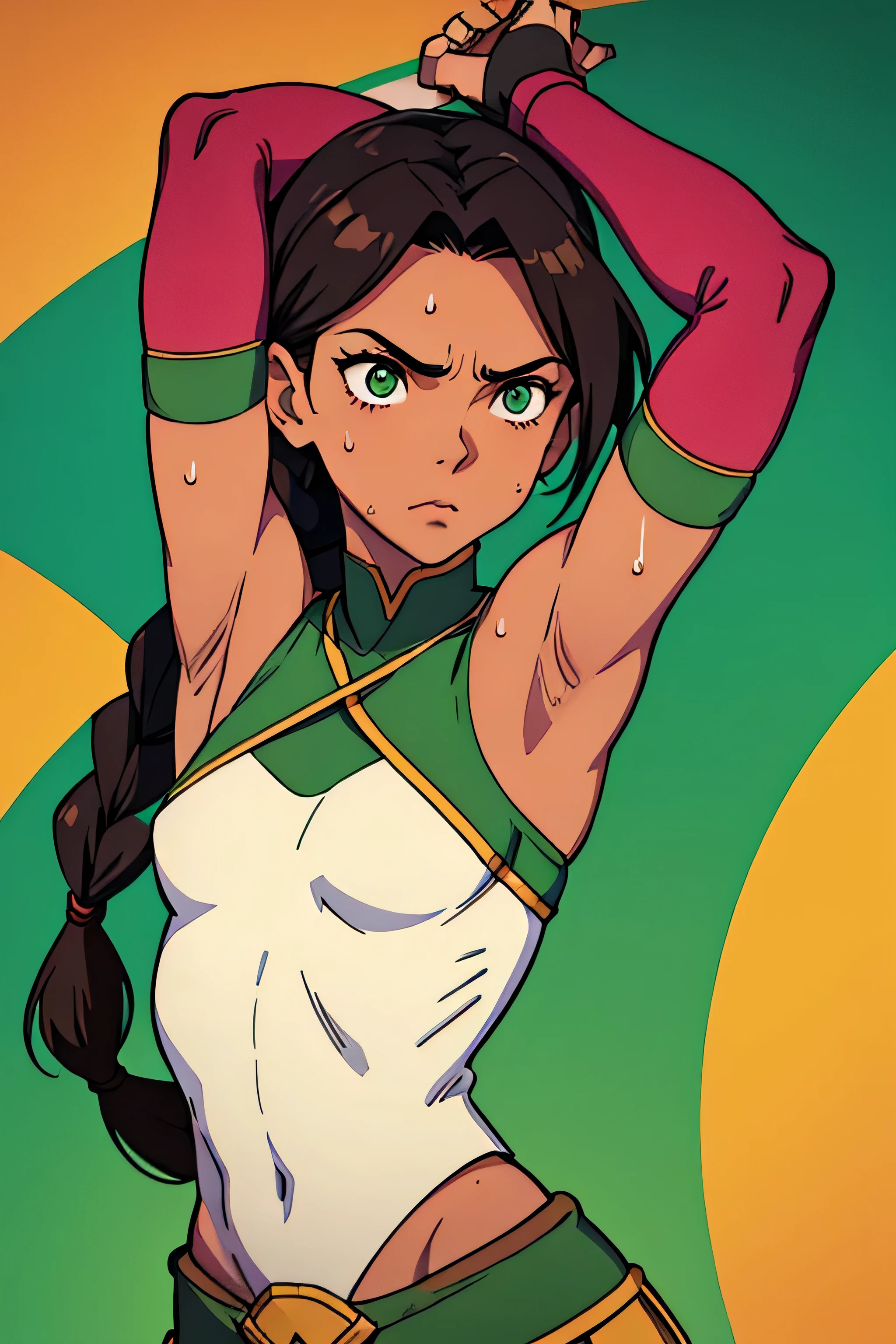 Earthbender human woman with tanned skin. She is a 16-year-old teenager with green eyes and green clothing. Her hair is long and brown in color; it is fastened in a large braid. Just one braid. She is beautiful and her skin is dark in color. Her skin is slightly dark. Earthbender. Tsundere face. Pink eye shading,mature appearance,armpits,sweat,sweaty,sweaty armpits,arms up,showing armpits,awesome armpits,outfit,blackish red arm warmers,maroon arm bands,matoon arm warmers
