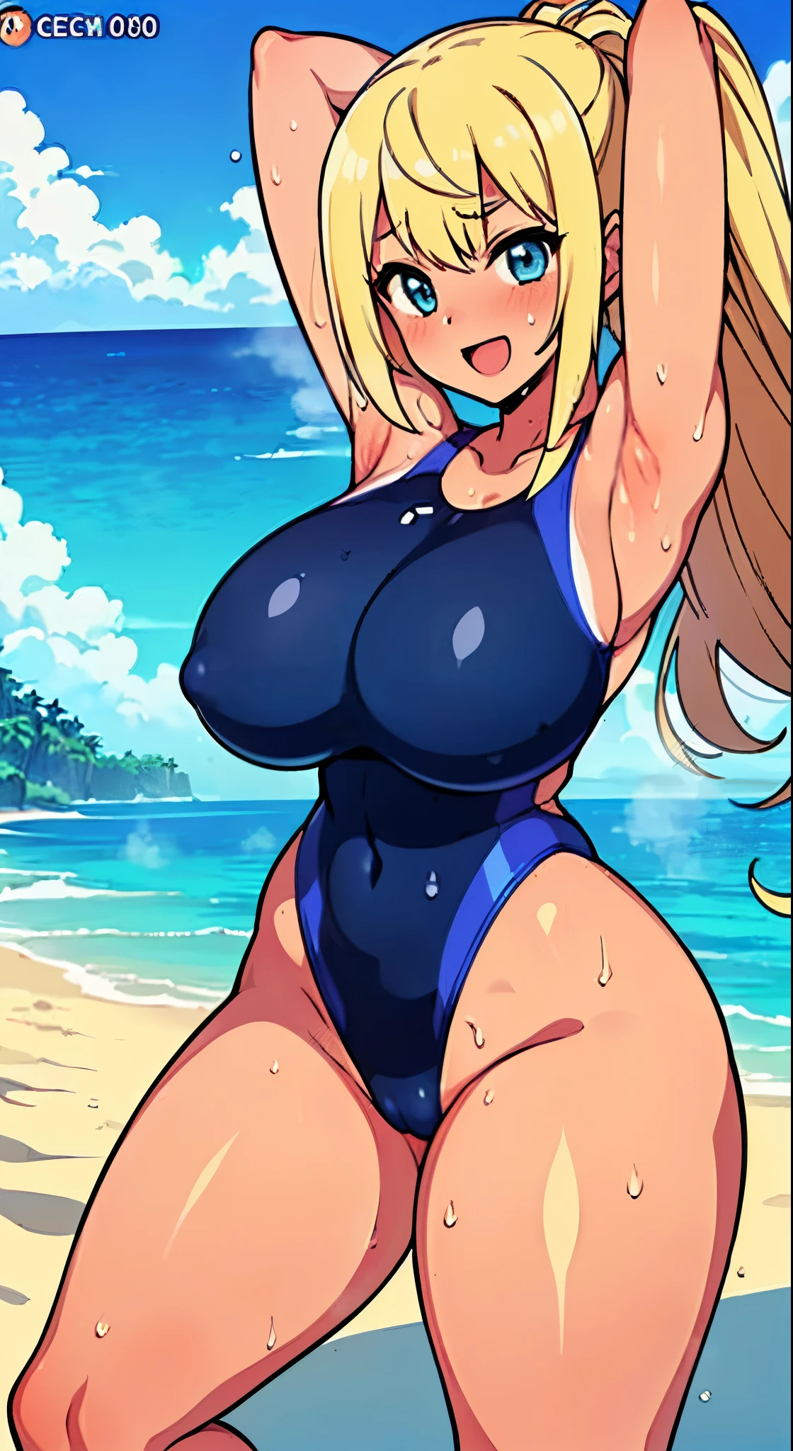 (Perfect body),((Tabletop, highest quality, High resolution, Hmph, Pixel Perfect、nsfw))、Anime Screen Capture、(((Brown Skin、Blonde、blue eyes)))、((((Wet、Steam from both armpits))))、((Chubby))、((blush))、1 girl,(((Embarrassing、:d)))、((Spreading her legs)),(((Huge breasts)))、((((Thick thighs、Big Ass、Wide Hips))))、(((long hair、Gal、Navy Blue Competitive Swimsuit)))、(((Beach)))、