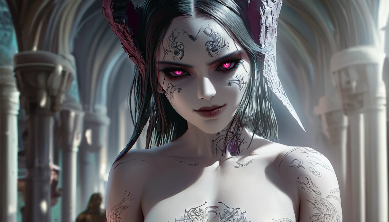 a beautiful succubus with black hair and pale skin, malicious smile, cold expression, goddess-like, detailed face and eyes, intricate tattoos, dark fantasy, dramatic lighting, cinematic composition, photorealistic, hyper detailed, 8k, masterpiece