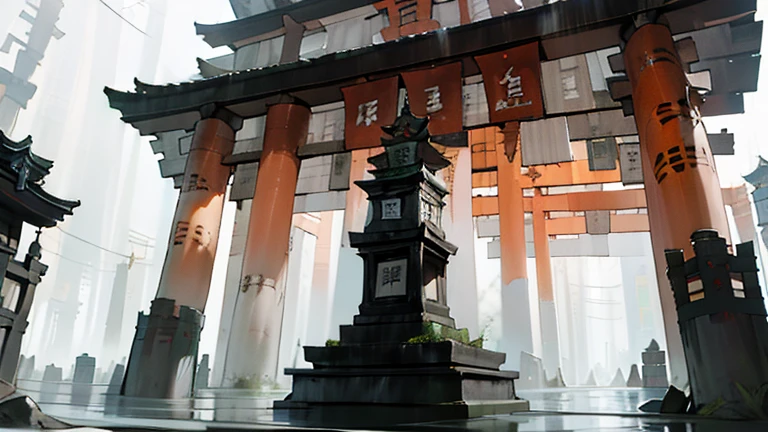 Rainy Day，Fushimi Inari Taisha Shrine Fantastic　mystery　wonderland，Gray fox statue