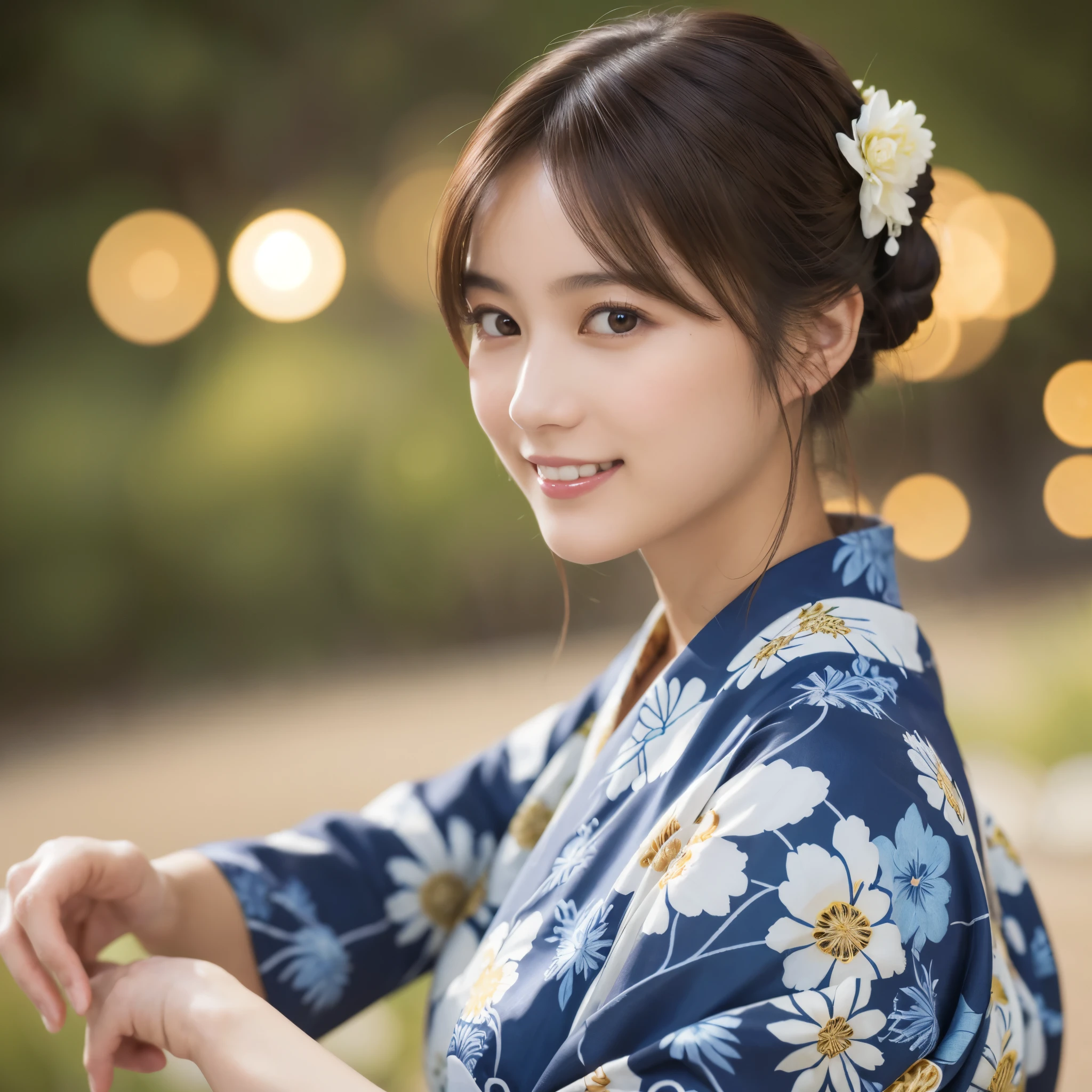 (1 Sexy Woman, Solo, Brown Hair, bun, Flower Hair Ornaments, White Floral Pattern Yukata, Smile:1.4), (Detailed Eyes, Beautiful Legs, Beautiful Eyes, glossy lip, cleavage, Smile:1.2), (From Side, Cowboy Shot:1.2), Close-up:1.3, (Summer Fastival, Clear Sky, blurred background:1.3), ((anatomically correct)), (Futuristic Portrait), The beginning of a romantic love, 1 girl only, Japanese style, wearing a haori, mitsumayo, Short hair, (Most emphasize the body line:1.1), In the morning, Shining ultra high resolution beautiful skin, ultra high resolution glossy lips, Rim Lighting, Cinematic Light, Look at viewer, no futuro telhado de luz neon, SSCI - FI e Fantasia, intrincado e muito bonito e elegante, altamente detalhado, pintura digital, art-station, arte conceitual, smooth and sharp focus, illustration, Arte de Tan Zi e Ayanamikodon e Alphonse Mucha e Wlop