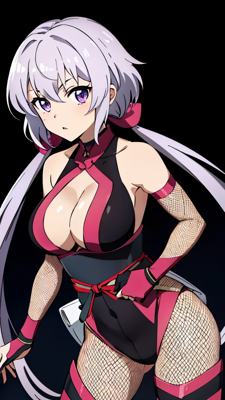 (highest quality, 8k, High resolution, masterpiece:1.2), Anime art style, Yukinekris, 1 girl, Perfect Face, Perfect Eyes, Soft look, Large midchest, Silver Hair, Low Twintails, Pink Hair、ribbon、Purple Eyes, Thin twin tails, Long Hair, alone, ((ninja:1.3),(fishnet-bodysuit:1.3), bare shoulders, detached sleeves, cleavage,thighhighs), Cowboy Shot,  Viewer ratings