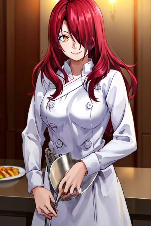 ((masterpiece,best quality)), absurdres, Kobayashi_Rindou_Shokugeki, 1girl, solo, red hair, long hair, hair over one eye, yellow eyes, chef, white smock, solo, smiling, looking at viewer, cowboy shot,