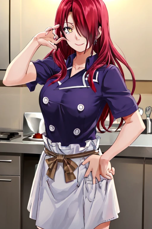 ((masterpiece,best quality)), absurdres, Kobayashi_Rindou_Shokugeki, 1girl, solo, red hair, long hair, hair over one eye, yellow eyes, chef, white smock, solo, smiling, looking at viewer, cowboy shot,