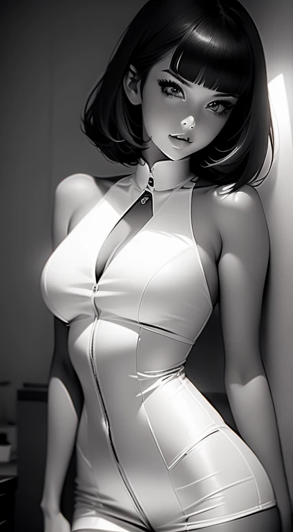 Beautiful 20yr old girl, short bangs, detailed, toned body, simple, femme fatale, Noir et blanc, monochrome, looking at viewer, wearing corporate suit