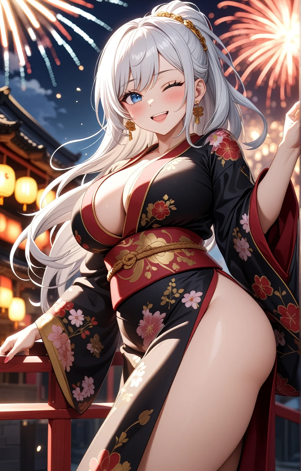 ((One personの女性)), Beautiful Face, (Laughing embarrassedly), (seductive smile:1.4), ((Wink:1.9)), (head tilt:1.3), Laugh with your mouth wide open, upper teeth, looking at viewer, ((full-face blush:1.6)),Glossy Red Lips,Night view, High terrace, firework, Glossy red lips, Shining Face, ((Anime style background)),masterpiece, Highest quality, so beautiful,up to date, Complex details, (Pink long nails),(ring),(bracelet),(Floral choker),AI-generated, Complex,High resolution, Highest quality, super high quality,3D Images、3D Images,One person,Long white hair,High Ponytail, Anime woman posing for a photo,(blue eyes), ((Fine grain、Silvery white, lightly pigmented eyes、Shining Eyes:1.3)), (Squint your eyes:1.1),a hyperRealistic , hyperRealistic , Realistic,Anime woman with long white hair, Smooth anime CG art, A woman in a colorful kimono with gold embroidery, ((Black long sleeve kimono)),Red floral pattern,Long flower hair ornament,Earrings,Mature Body,(Big Breasts:1.1),Tall,Abdominal muscles,Tight waist,(Leaning forward),  (hip focus:1.1),  ((looking back)), 