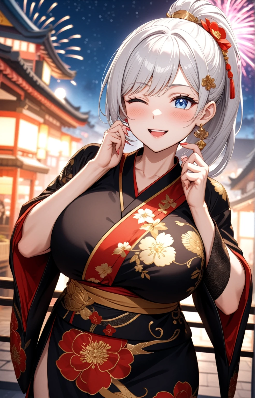 ((one personの女性)), Beautiful Face,Embarrassed and kind expression,Laugh embarrassedly,((Wink:2.0)),turn bright red,Glossy pink lips,night,Shrine festival sexpensives,firework, ((Anime style background)),masterpiece, highest quality, so beautiful, Latest, Complex details, (Pink long nails),AI-generated, Complex,High resolution, highest quality, super high quality,3D Images、View your viewers、3D Images,one person,Long white hair,High Ponytail,blue eyes,Anime woman posing for a photo, [[Fine grain、Colorful eyes、Shining Eyes:1.15]],(Squint your eyes:1.1),a hyperRealistic , hyperRealistic , Realistic,Long haired white hair anime woman, Smooth anime CG art, A woman in a colorful kimono with gold embroidery, (Black kimono),Red floral pattern,Long flower hair ornament,Big earrings,(Big Breasts:1.4),Mature Body,expensive,Big Ass,Fine details,Tight waist,Abdominal muscles,Putting your hands on the railing,Shooting from below