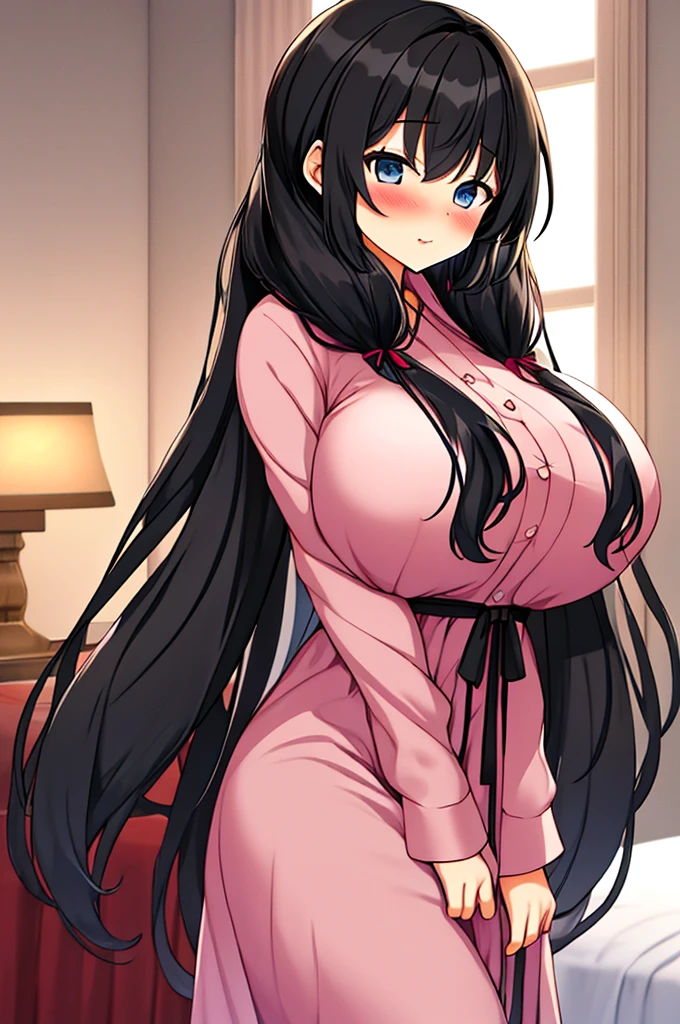 A woman with huge ，Black long hair，twintails，Exquisite，Ribbon，Transparent pink nightdress，Slim waist，pubic，Playful skirt，blush，bedroom，A cute daughter，