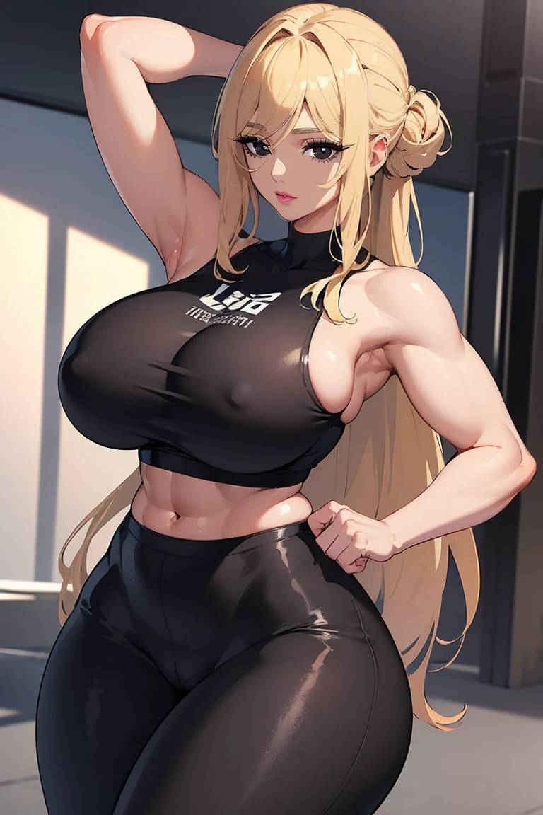 (Uhd, Masterpiece, Textured Skin, Super Detail, High Details, High Quality, Best Quality), Detailed Face, 1woman, pretty woman:1.5, ((Wide hips, thick thighs, massive huge breastonde hair tied up, (blaclothes), legging pants, (Huge Body), (Hair tied up with side ba