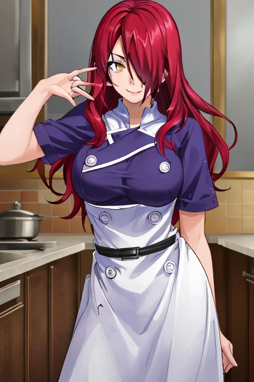 ((masterpiece,best quality)), absurdres, Kobayashi_Rindou_Shokugeki, 1girl, solo, red hair, long hair, hair over one eye, yellow eyes, chef, white smock, solo, smiling, looking at viewer, cowboy shot, snake eyes