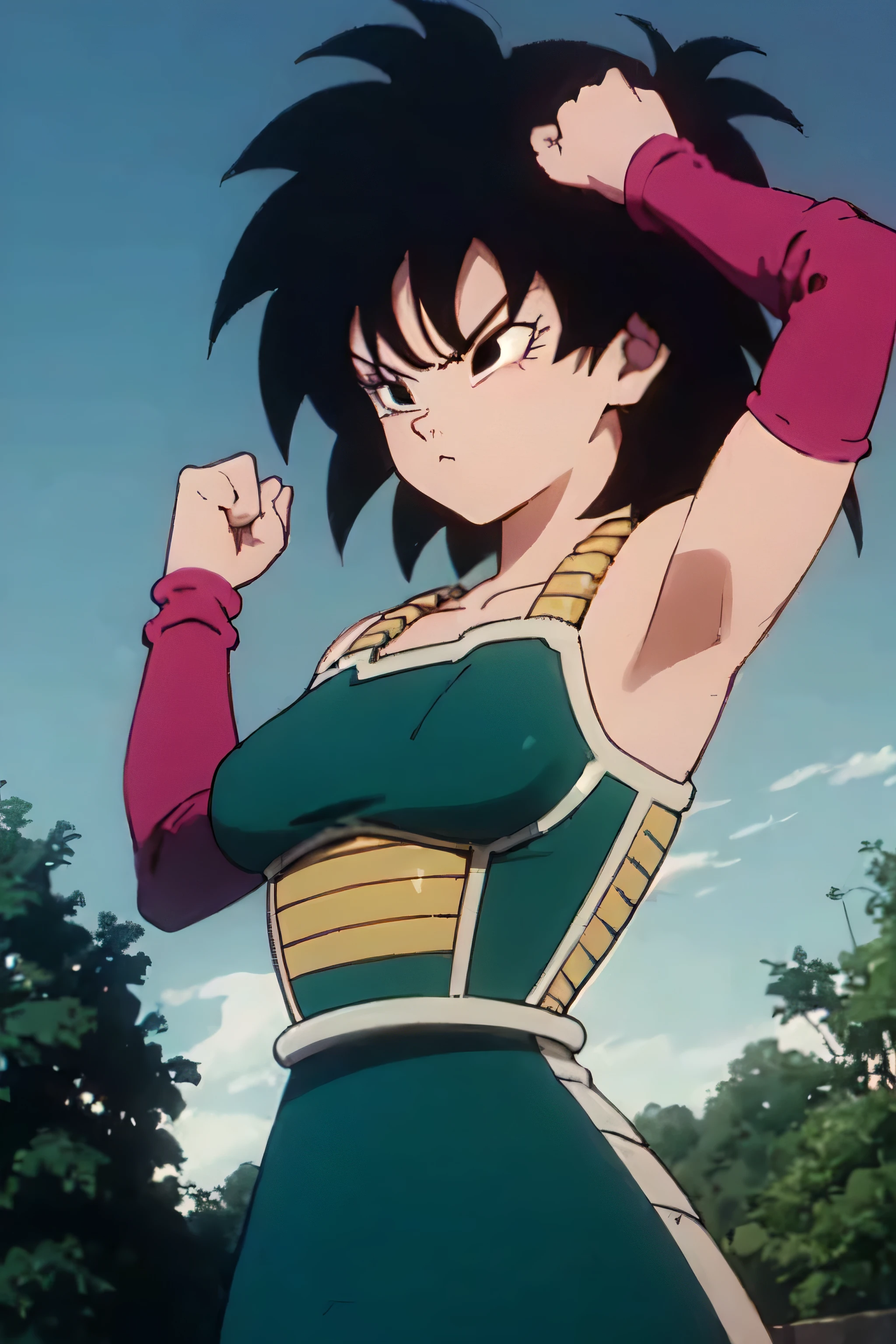 gine,short black hair, black eyes, bare shoulders,pink wristbands,breastplate, green saiyan armor,green skirt,pantyhose, looking serious, angry, fighting pose, village, blue sky, high quality, masterpiece mature appearance,armpits,sweat,sweaty,sweaty armpits,arms up,showing armpits,awesome armpits,outfit,blackish red arm warmers,maroon arm bands, maroon arm warmers,both arms raised