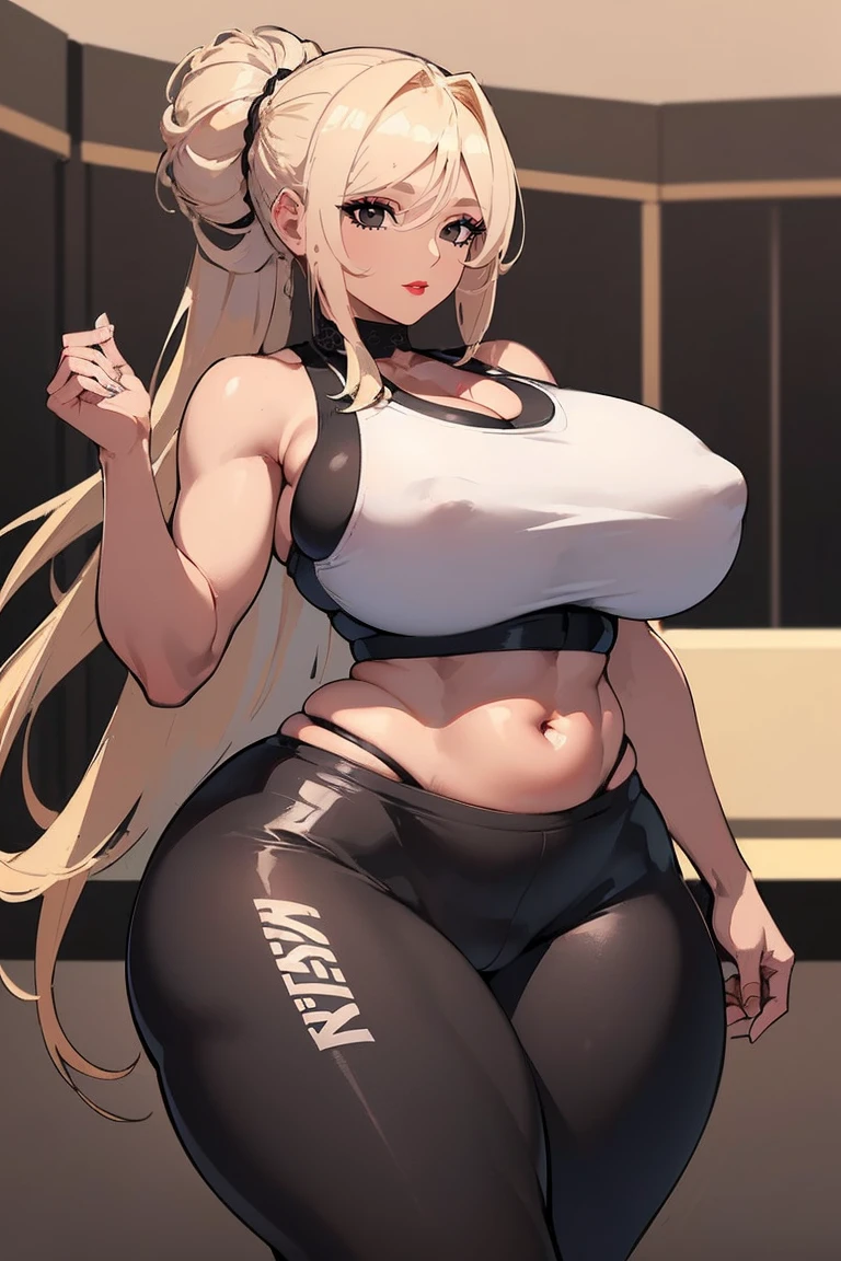 (Uhd, Masterpiece, Textured Skin, Super Detail, High Details, High Quality, Best Quality), Detailed Face, 1woman, mature pretty woman:1.5, ((Wide hips, thick thighs, massive huge breasts)), Blonde hair tied up, (black Gym clothes), legging pants, (Huge Body), (Hair tied up with side bangs:1.5)