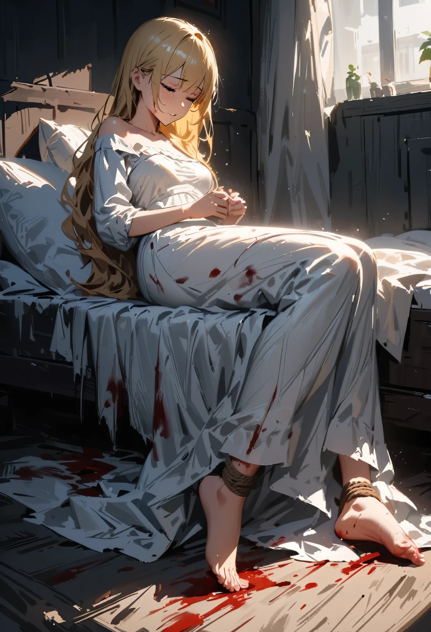 A dark room, no sunlight, a dead girl lying on the bed, sixteen or seventeen years old, eyes closed, blood all over the corners of her mouth, long blonde hair, dressed in a white saree, her hands and feet tied with ropes, one of her feet with a shocking bloodstain on the ankle, her petite body curled up on the side of the bed, beautiful picture, masterpiece, cinematic light, master class, impasto