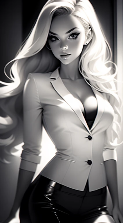 Beautiful 20yr old girl, blonde hair, detailed, toned body, simple, femme fatale, Noir et blanc, monochrome, looking at viewer, wearing corporate suit