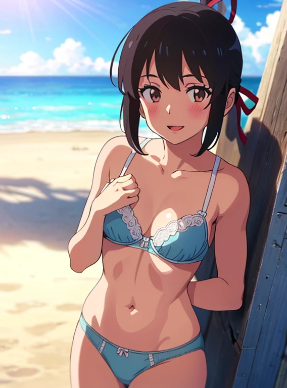 shinkai makoto, kimi no na wa., 1girl, bangs, black hair, brown eyes, short hair, hair ribbon, smile, outdoors, summer, solo, sexy pose, arms up, beach, open mouth, blush, looking at the viewer, cowboy shot, blue sky, happy, cloudy_sky, white bra, whit panties, masterpiece, masterpiece,