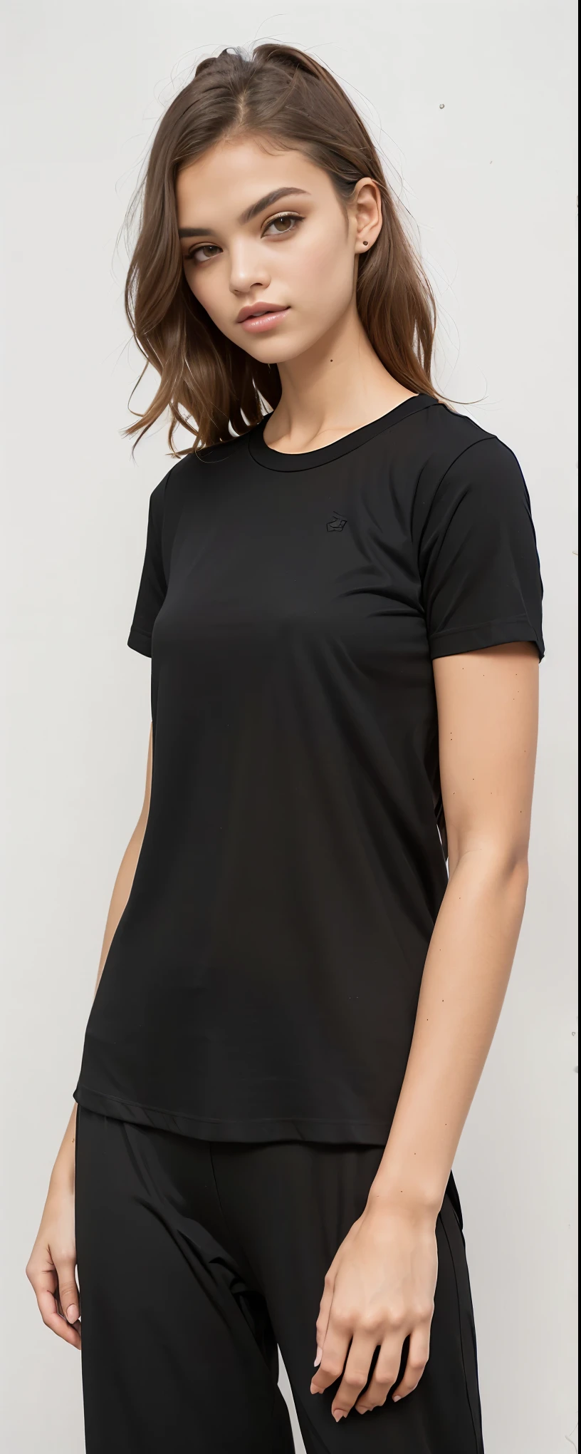 a woman in camisa preta and pants standing against a white wall, camiseta preta, vestindo camiseta preta, wearing a camiseta preta, camiseta preta, camiseta preta, vestindo uma camiseta preta, camisa preta, roupas esportivas, wearing a camisa preta, camisa de malha, camisa preta, blusa preta, roupas esportivas, camiseta esportiva, roupa preta