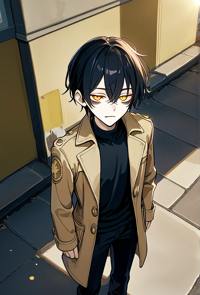 Mature man, side burn hairstyle, short hair, black hair, (golden eyes, insomnia eyes, bags under eyes, sleepy eyes, sleep deprived), tall, smug face, cocky expression, (golden eyes, side eyeing viewer), (long trench coat, black shirt, black pants), hands in trench coat, above view, sidewalk, morning, cowboy shot
