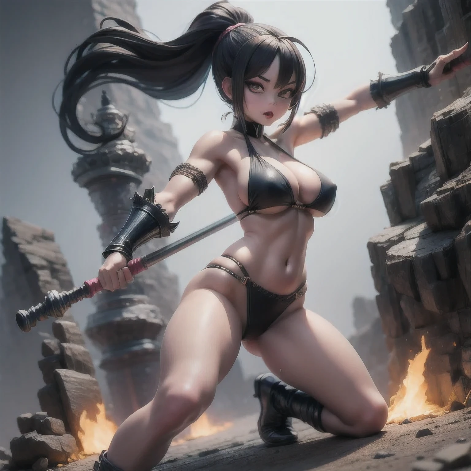 arafed 水硕in a bikini holding a wire bat on a rock, muscular warrior women, unreal engine render + a goddess, fighter pose, badass pose, muscular sweat lara croft, fight pose, hot fire giantess, heroic muay thai stance pose, cinematic goddess body shot, akali from league of legends, dramatic powerful pose, fantasy style 8 k octane render（（（perhaps））） sky，Degenerator 