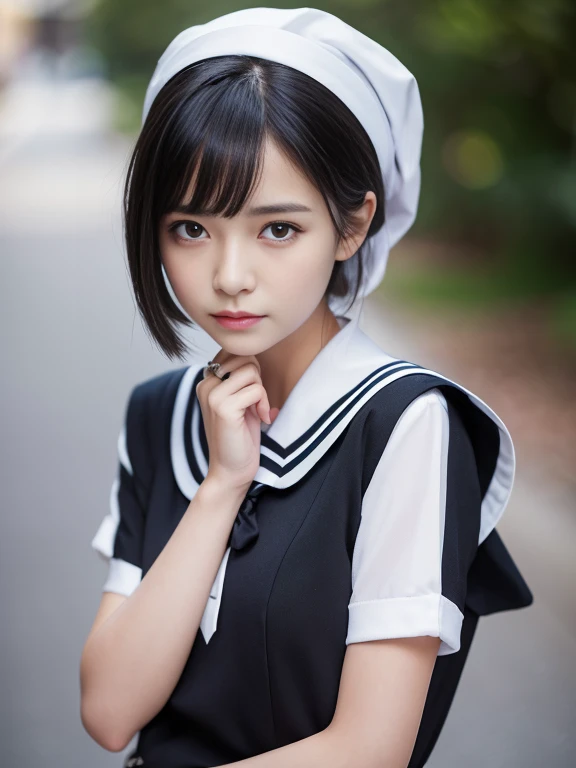 Classic black and white sailor suit,Summer clothes,Cold look,Cold Stare,Black Hair,,Tie your hair short,Silky white skin,best Realistic depiction,(Very detailed美しい顔), Great face and eyes, (highest quality:1.4), (Very detailed), (Very detailed CG 統合 8k 壁紙), Very detailed, High-resolution RAW color photos, Professional photography, Realistic portrait,
 (Detailed RAW photos of the girl&#39;s whole body), Canon EOS R5 250mm, Sharp focus, Cinema Lighting,  (No makeup:1.4), Fine skin, Fine texture of the collarbone,The detailed texture of the sailor suit,Very Realistic sailor uniform texture,(Ultra-high resolution:1.6), (Realistic:1.6), Realistic glowing skin, (sweating:1.4)