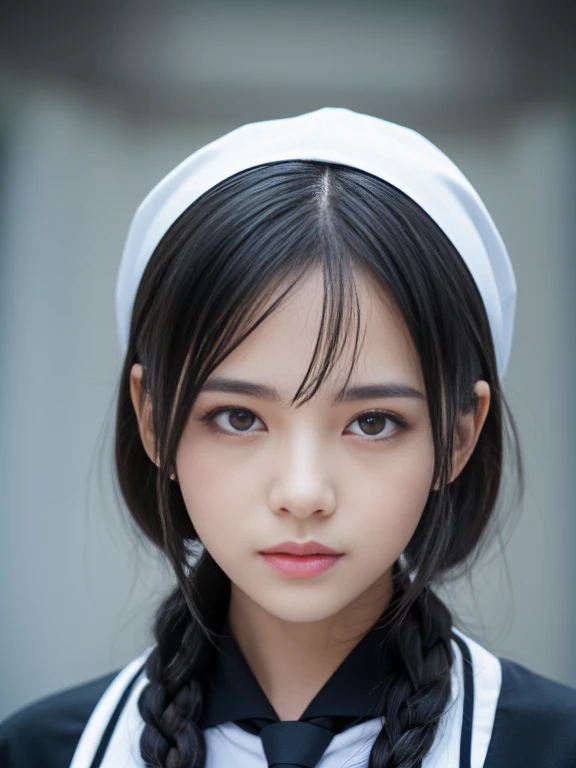 Classic black and white sailor suit,Summer clothes,Cold look,Cold Stare,Black Hair,,Tie your hair short,Silky white skin,best Realistic depiction,(Very detailed美しい顔), Great face and eyes, (highest quality:1.4), (Very detailed), (Very detailed CG 統合 8k 壁紙), Very detailed, High-resolution RAW color photos, Professional photography, Realistic portrait,
 (Detailed RAW photos of the girl&#39;s whole body), Canon EOS R5 250mm, Sharp focus, Cinema Lighting,  (No makeup:1.4), Fine skin, Fine texture of the collarbone,The detailed texture of the sailor suit,Very Realistic sailor uniform texture,(Ultra-high resolution:1.6), (Realistic:1.6), Realistic glowing skin, (sweating:1.4)