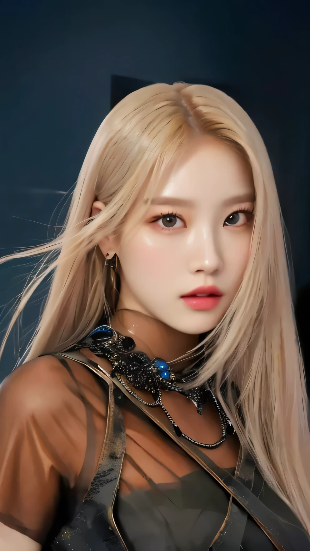 a close up of a woman with long blonde hair wearing a black top, portrait of jossi of blackpink, roseanne park of blackpink, portrait of female korean idol, portrait of kpop idol, portrait jisoo blackpink, jinyoung shin, jossi of blackpink, with long hair and piercing eyes, sha xi, jia, sakimichan, realistic. cheng yi, babymonster ahyeon 