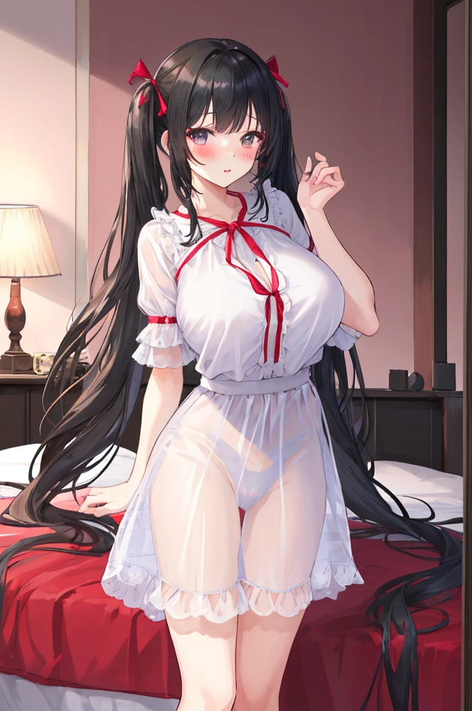 A woman with huge ,Black long hair,twintails,Exquisite,Ribbon,Transparent nightdress,Slim waist,pubic,Playful skirt,blush,bedroom,A cute daughter,