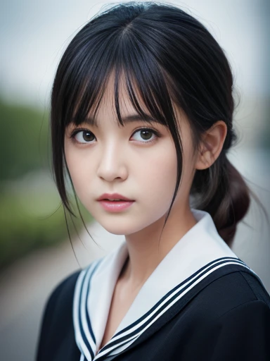 Classic black and white sailor suit,Summer clothes,Cold look,Cold Stare,Black Hair,,Tie your hair short,Silky white skin,best Realistic depiction,(Very detailed美しい顔), Great face and eyes, (highest quality:1.4), (Very detailed), (Very detailed CG 統合 8k 壁紙), Very detailed, High-resolution RAW color photos, Professional photography, Realistic portrait,
(Detailed RAW photos of the girl's whole body), Canon EOS R5 250mm, Sharp focus, Cinema Lighting, (No makeup:1.4), Fine skin, Fine texture of the collarbone,The detailed texture of the sailor suit,Very Realistic sailor uniform texture,(Ultra-high resolution:1.6), (Realistic:1.6), Realistic glowing skin, (sweating:1.4)、bra and panties under dress、belly button、embarrassed、blush、underboob