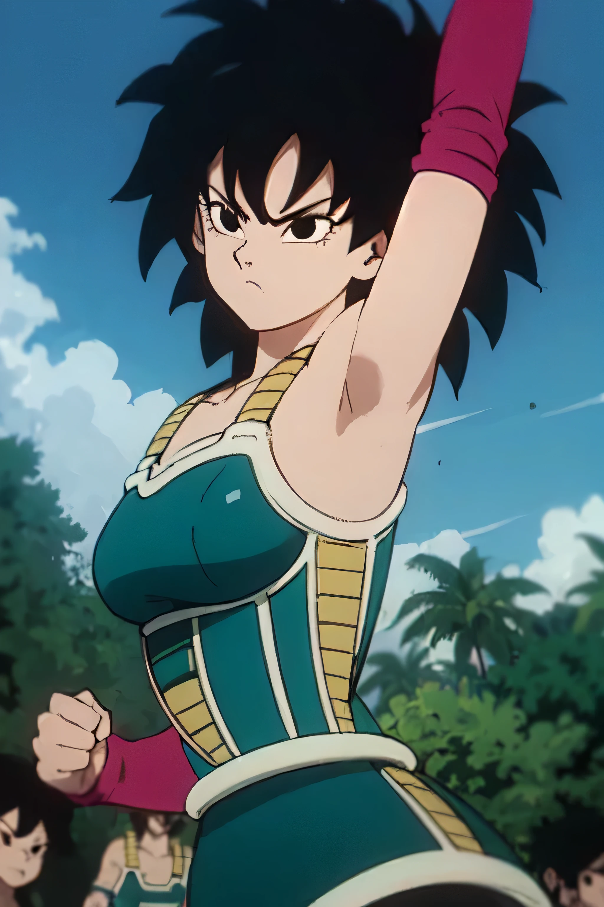 gine,short black hair, black eyes, bare shoulders,pink wristbands,breastplate, green saiyan armor,green skirt,pantyhose, looking serious, angry, fighting pose, village, blue sky, high quality, masterpiece mature appearance,armpits,sweat,sweaty,sweaty armpits,arms up,showing armpits,awesome armpits,outfit,blackish red arm warmers,maroon arm bands, maroon arm warmers,both arms raised