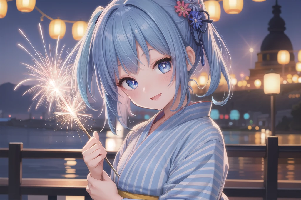 One girl, alone, 20-year-old, Blue Eyes, Blue Hair, smile, yukata, night, Sparkler, masterpiece, Fine Fingers, 最high quality:1.4,high quality, detailed,