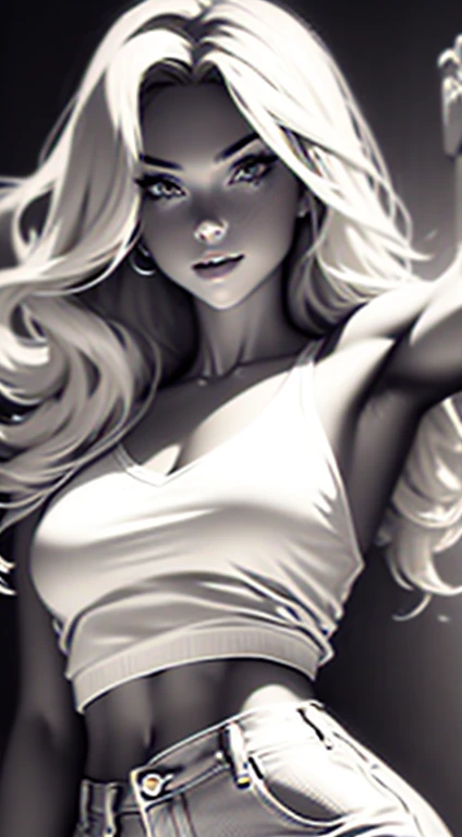 Beautiful 20yr old girl, blonde hair, detailed, toned body, simple, femme fatale, Noir et blanc, monochrome, looking at viewer, jeans, v-neck shirt