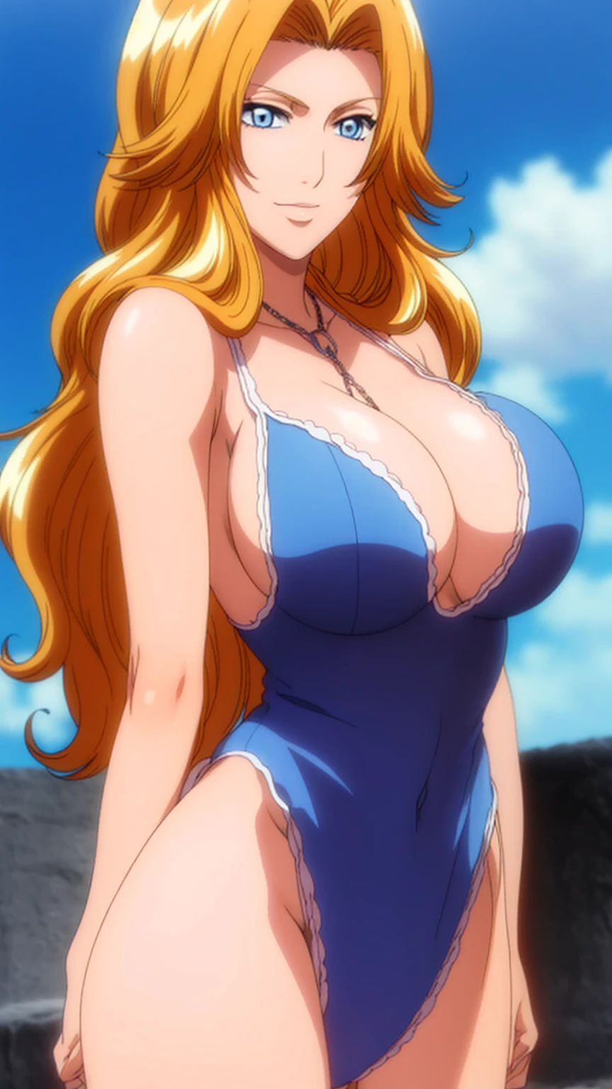 closed mouth ,huge breasts , jewelry, necklace, blue eyes, blonde hair, bangs, short hair, smile ,large breasts, blue neon eyes, pink swimsuit, looking at viewer, cowboy shot,