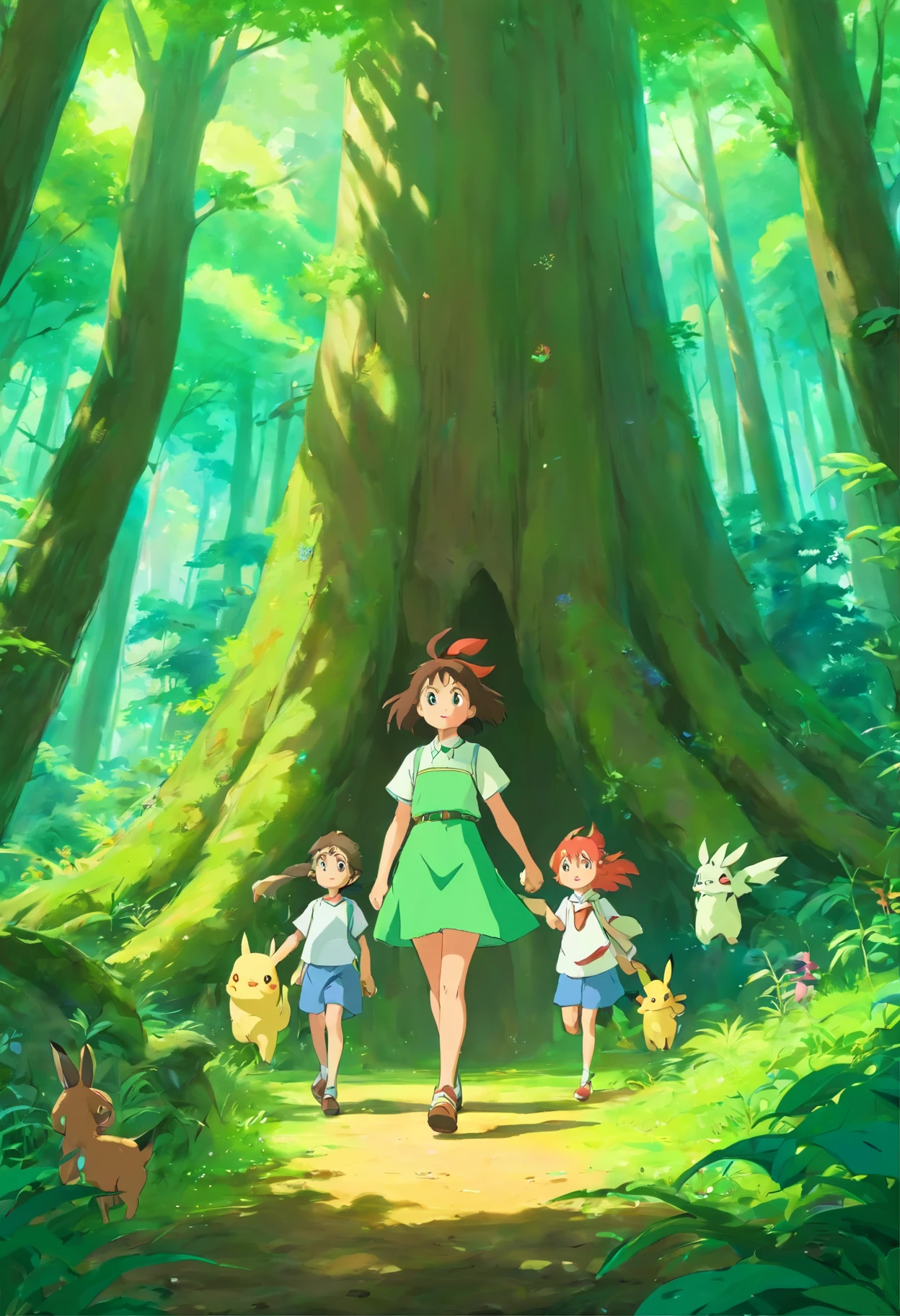 Garoto, pele clara olhos verdes, cabelos castanhos, in a forest alongside several Pokémon