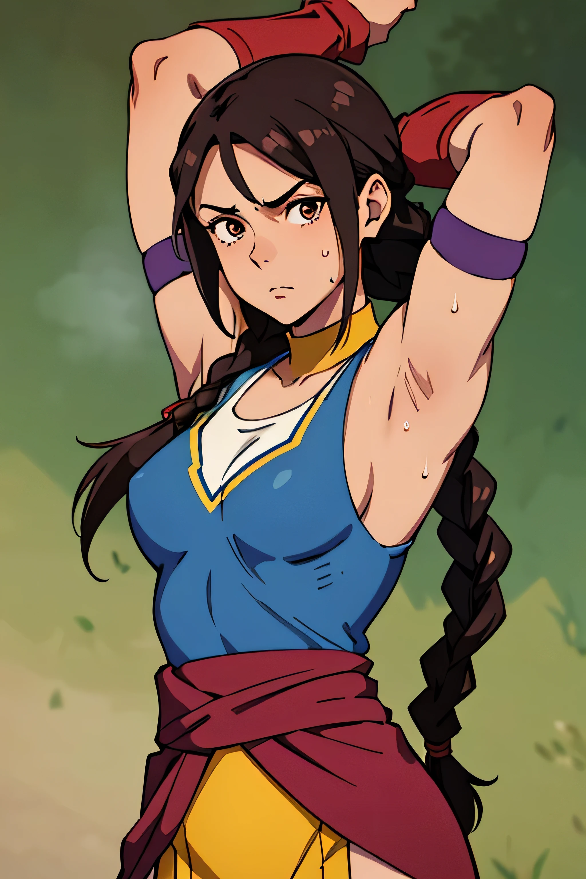 Earthbender human woman with tanned skin. She is a 16-year-old teenager with brown eyes and deep blue clothing. Her hair is long and brown in color; it is fastened in a large braid. Just one braid. She is beautiful and her skin is dark in color. Her skin is slightly dark. Earthbender. Tsundere face. Pink eye shading,mature appearance,armpits,sweat,sweaty,sweaty armpits,arms up,showing armpits,awesome armpits,outfit,blackish red arm warmers,maroon arm bands,matoon arm warmers